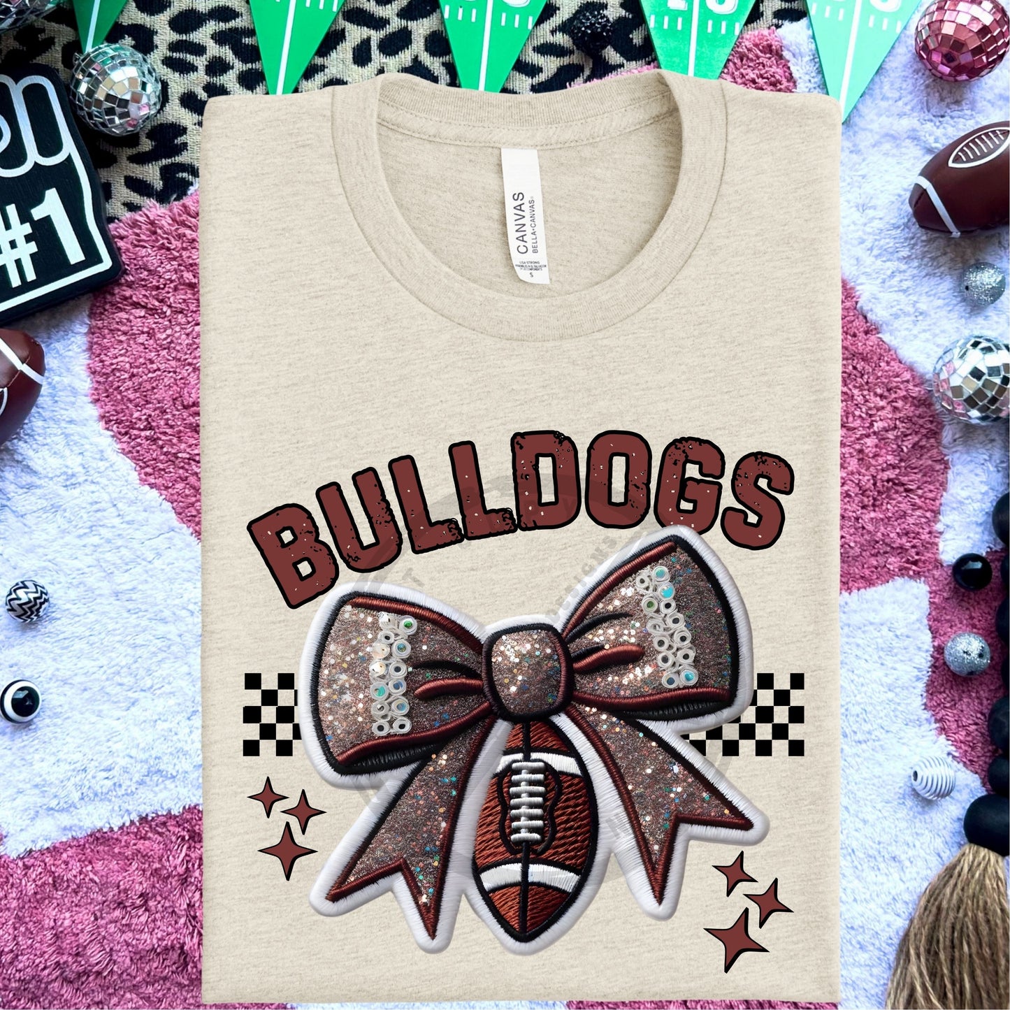 Bulldogs Faux Embroidery Football Bow Team Spirit PNG