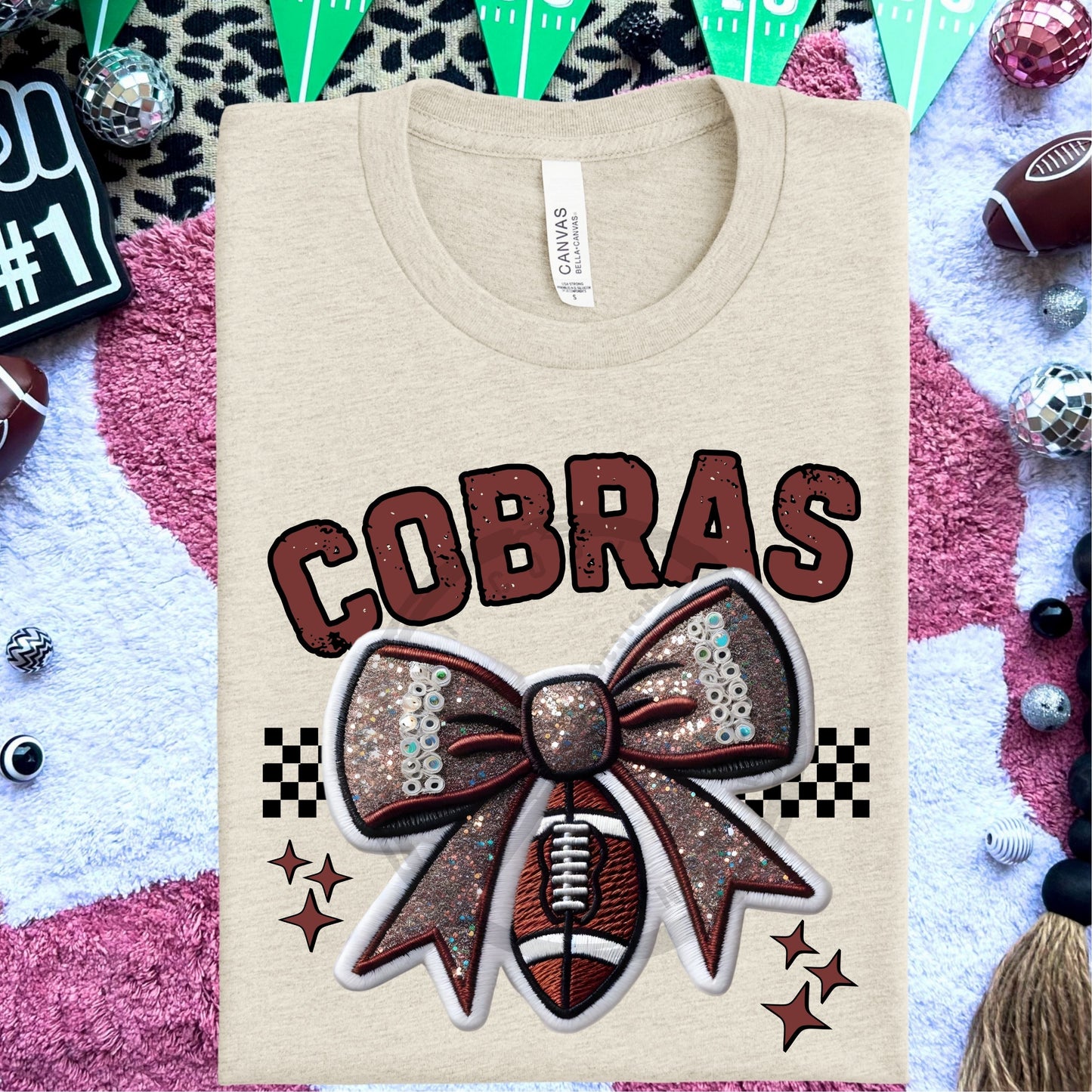 Cobras Faux Embroidery Football Bow Team Spirit PNG