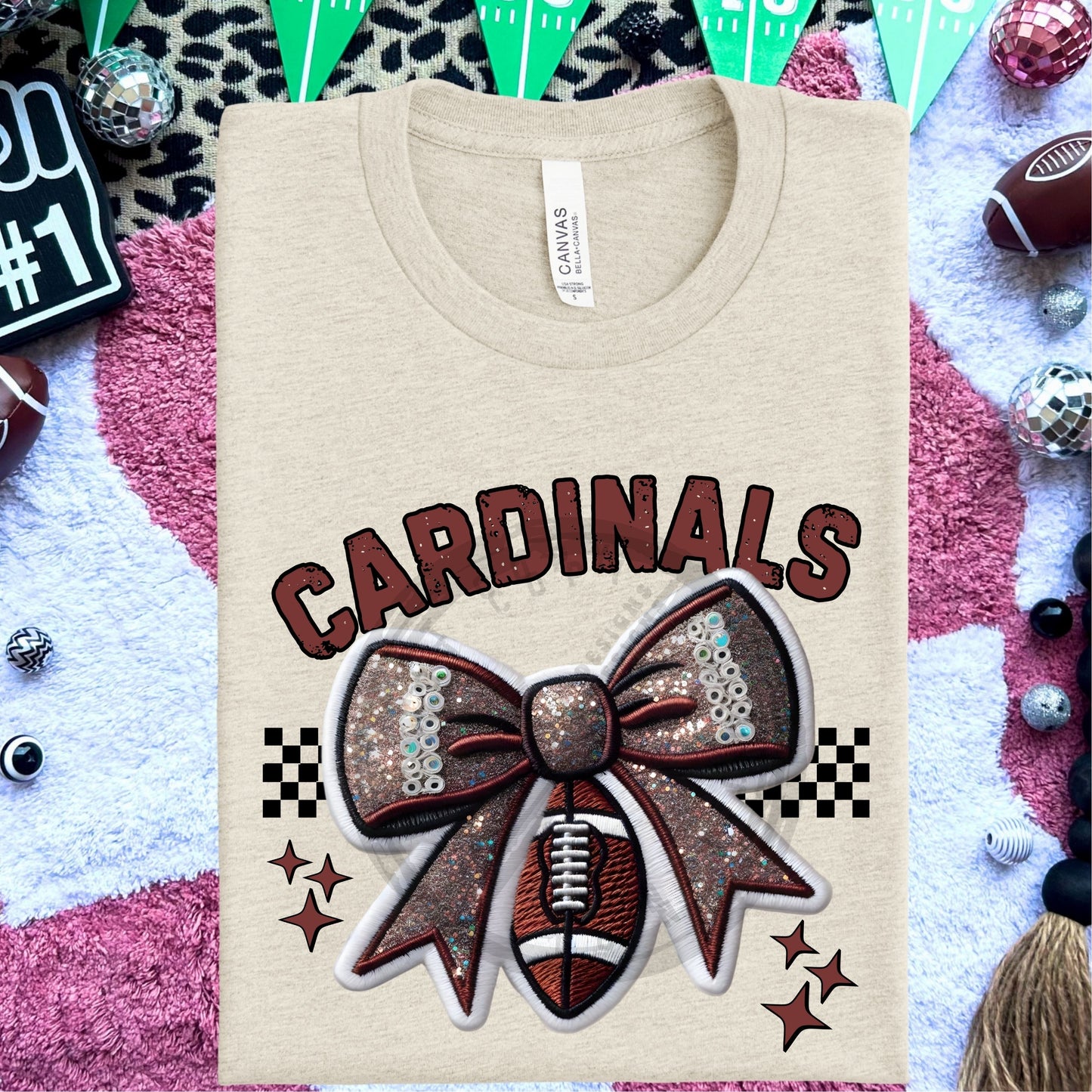 Cardinals Faux Embroidery Football Bow Team Spirit PNG