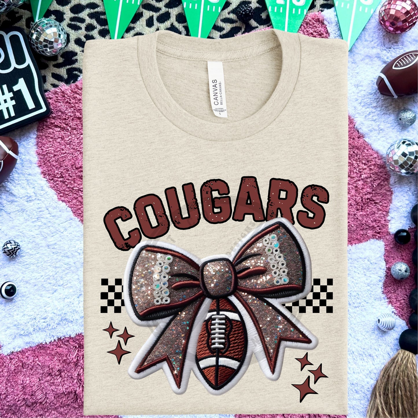 Cougars Faux Embroidery Football Bow Team Spirit PNG