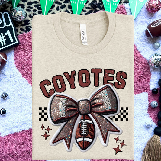 Coyotes Faux Embroidery Football Bow Team Spirit PNG