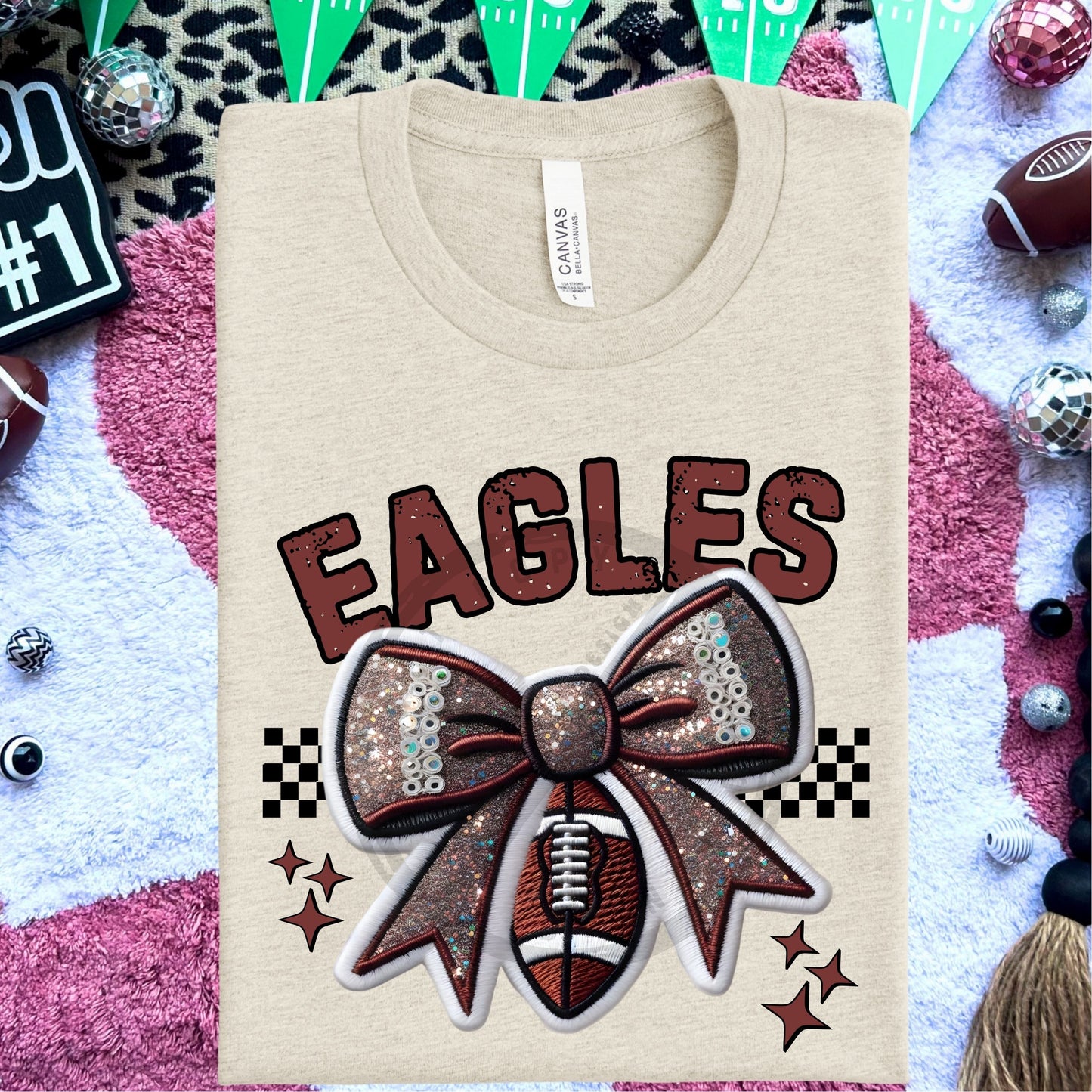 Eagles Faux Embroidery Football Bow Team Spirit PNG