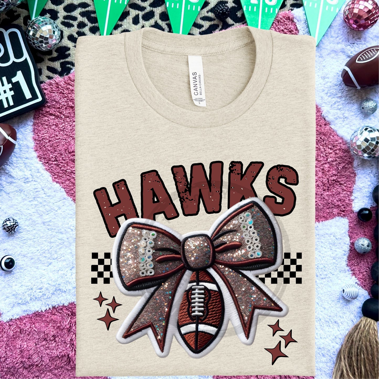 Hawks Faux Embroidery Football Bow Team Spirit PNG