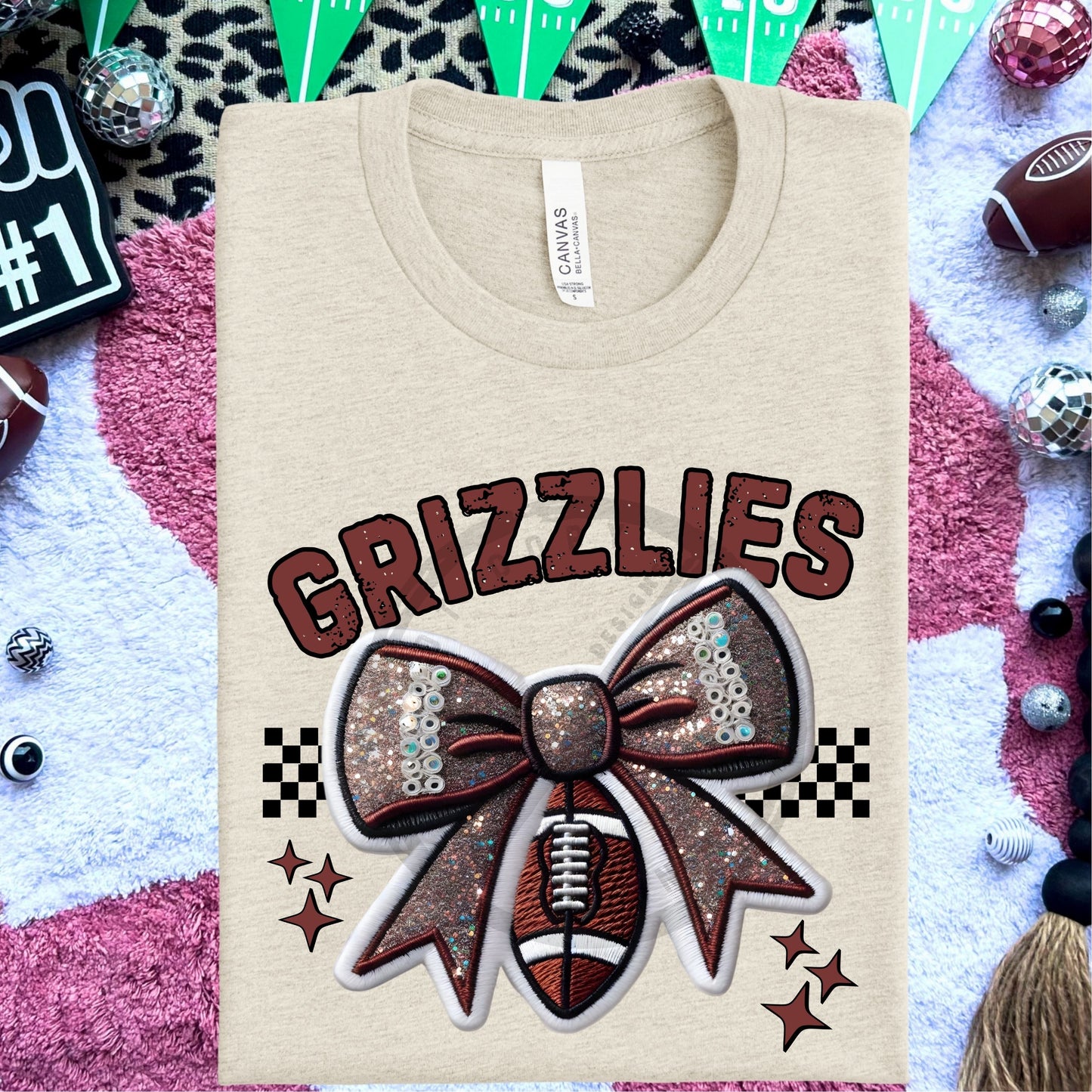 Grizzlies Faux Embroidery Football Bow Team Spirit PNG