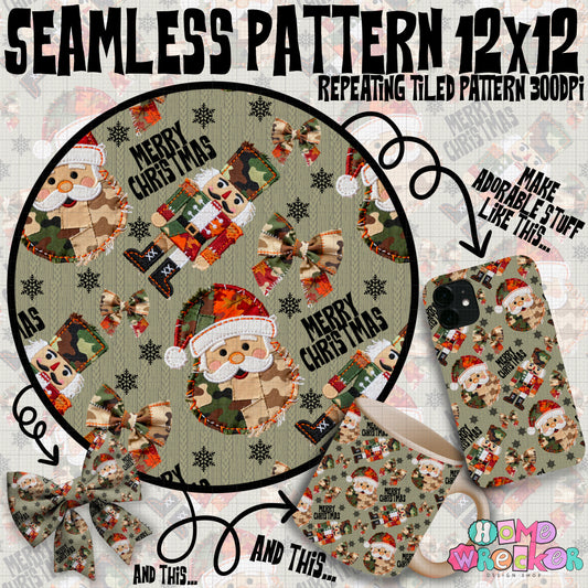 Mixed Camouflage Santa & Nutcracker Seamless Repeating Faux Embroidery Pattern