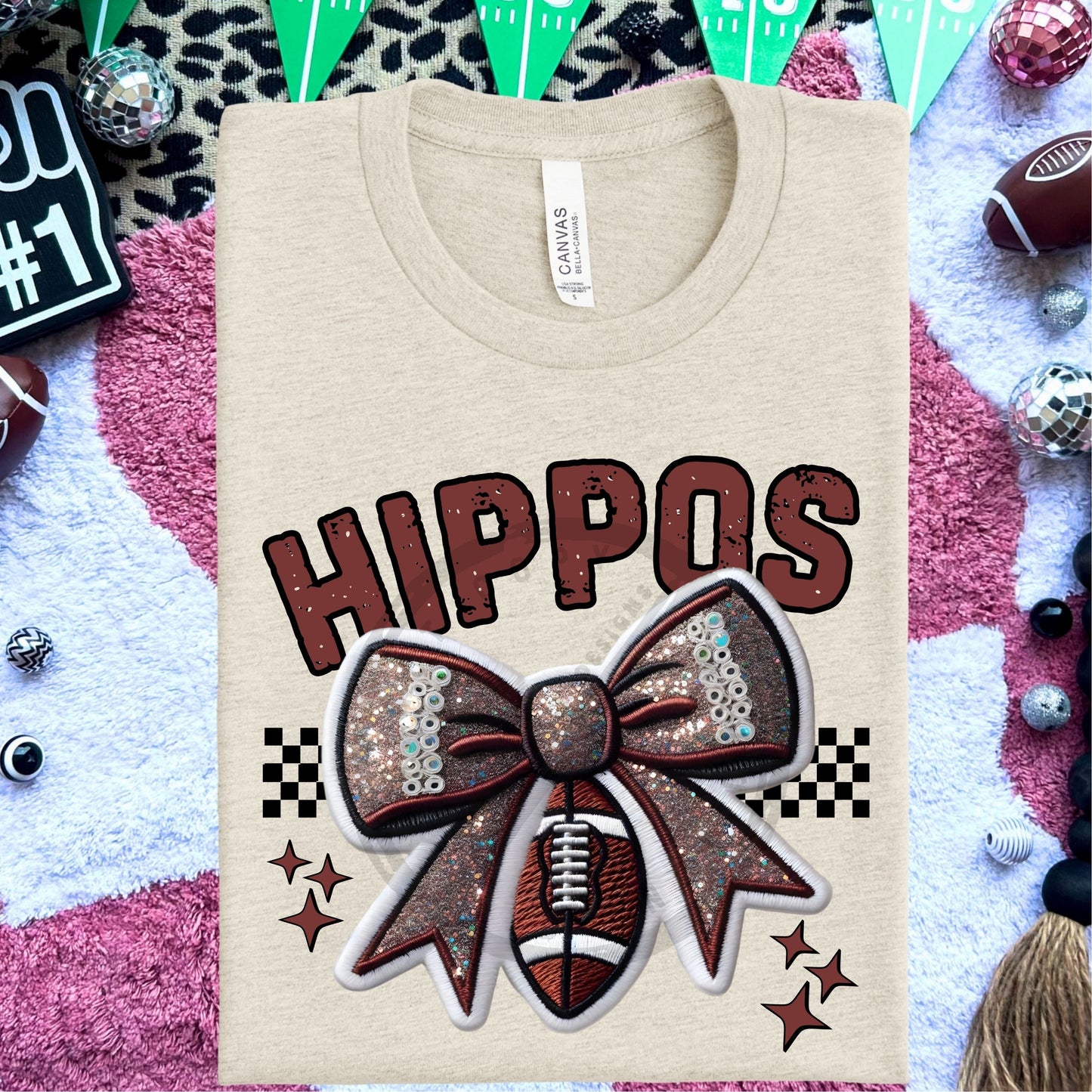 Hippos Faux Embroidery Football Bow Team Spirit PNG