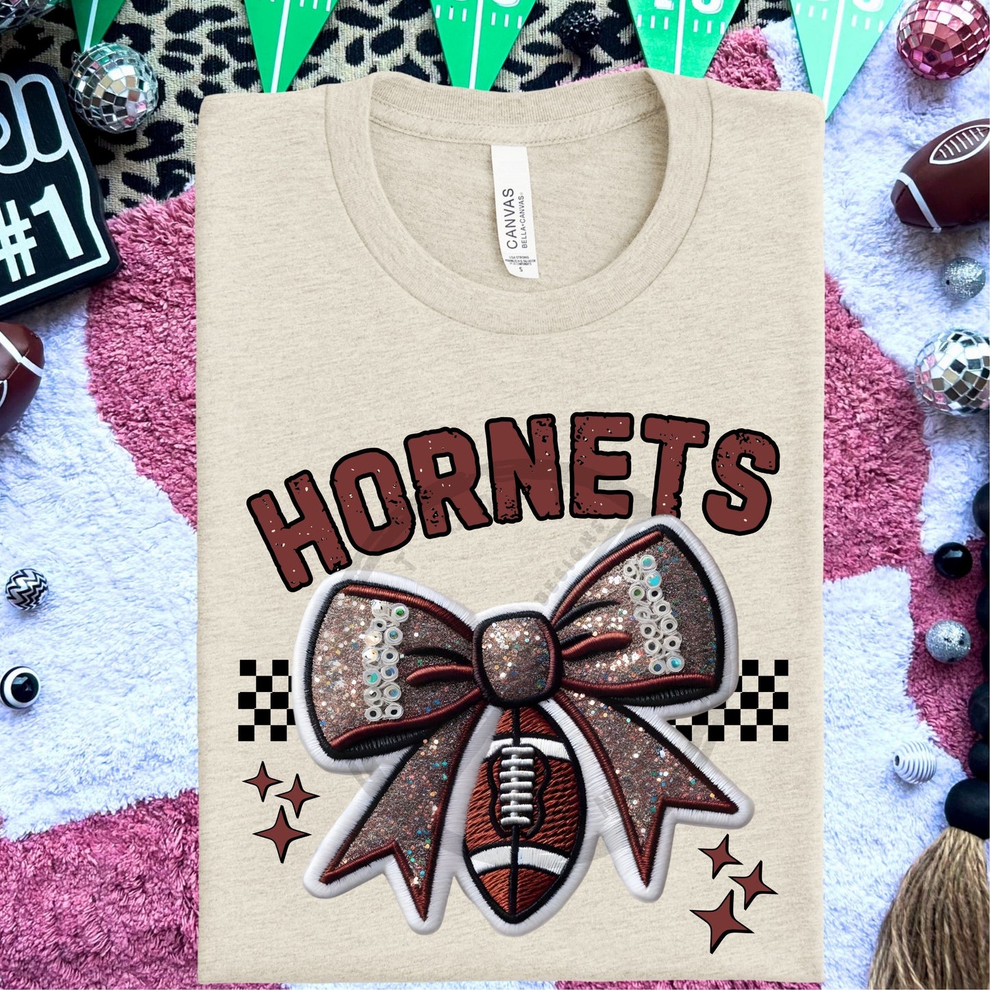 Hornets Faux Embroidery Football Bow Team Spirit PNG