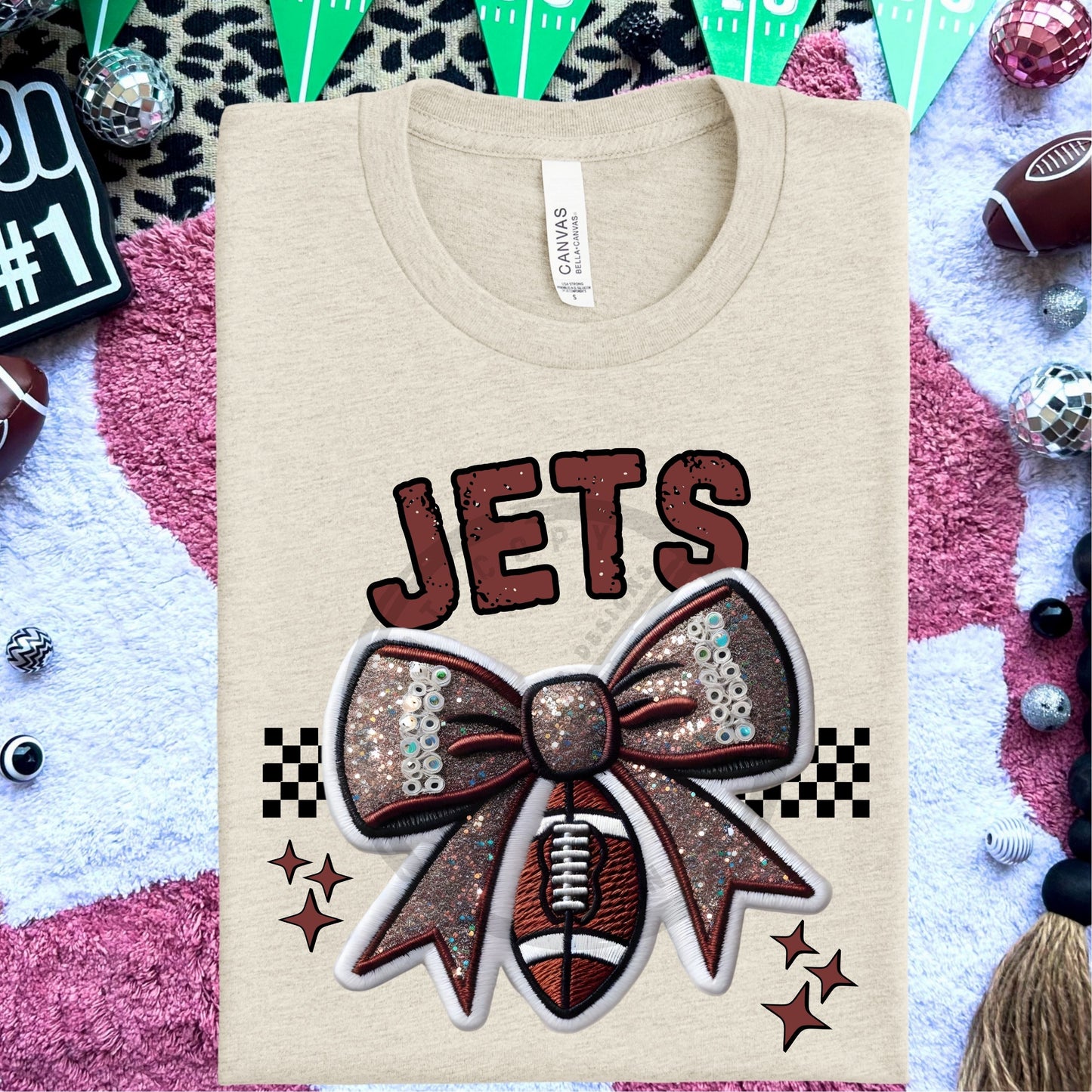 Jets Faux Embroidery Football Bow Team Spirit PNG