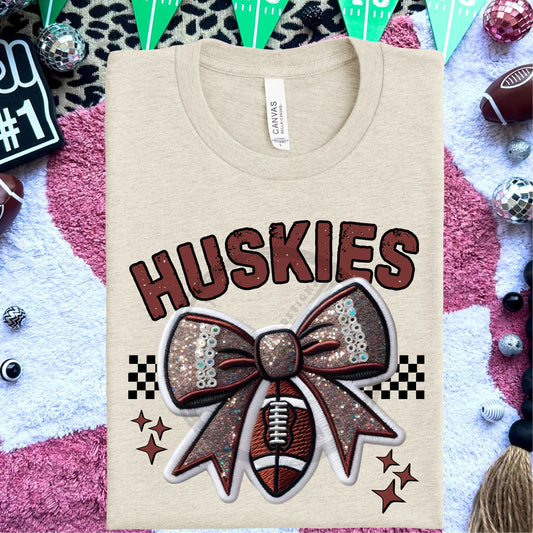 Huskies Faux Embroidery Football Bow Team Spirit PNG