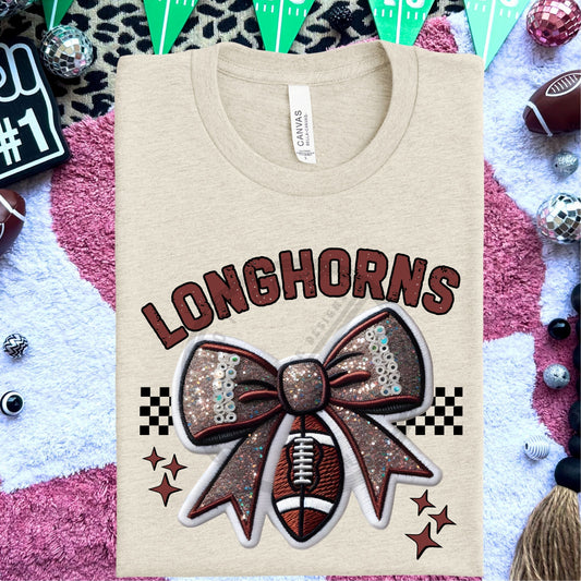 Longhorns Faux Embroidery Football Bow Team Spirit PNG