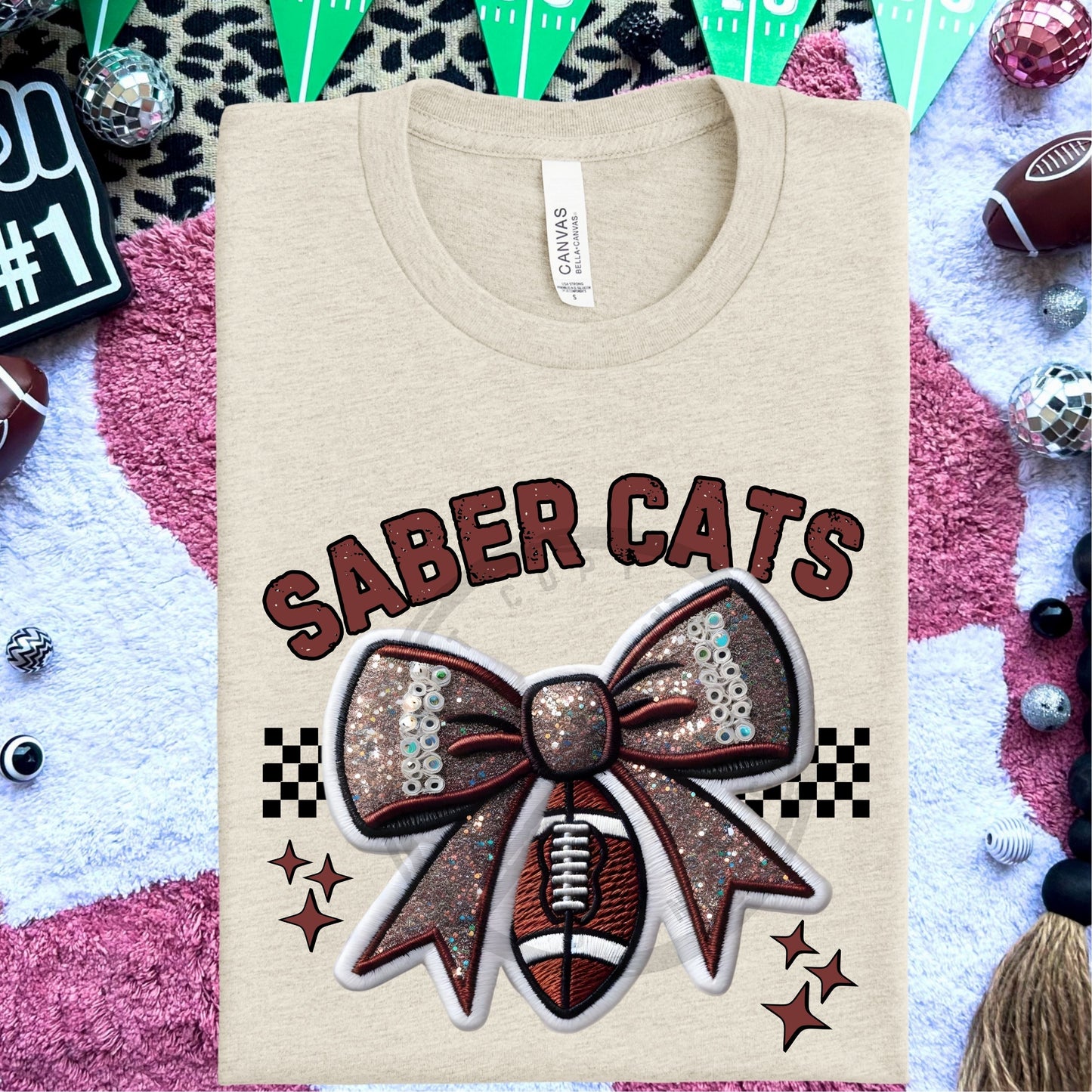 Saber Cats Faux Embroidery Football Bow Team Spirit PNG