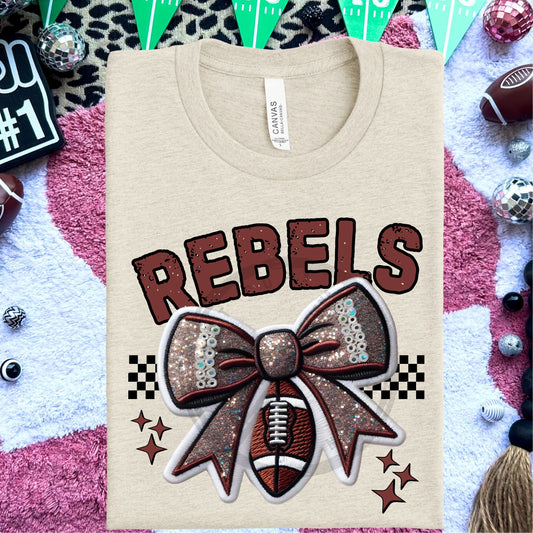 Rebels Faux Embroidery Football Bow Team Spirit PNG