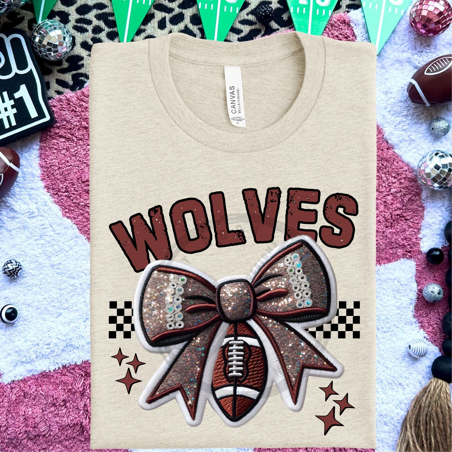 Wolves Faux Embroidery Football Bow Team Spirit PNG