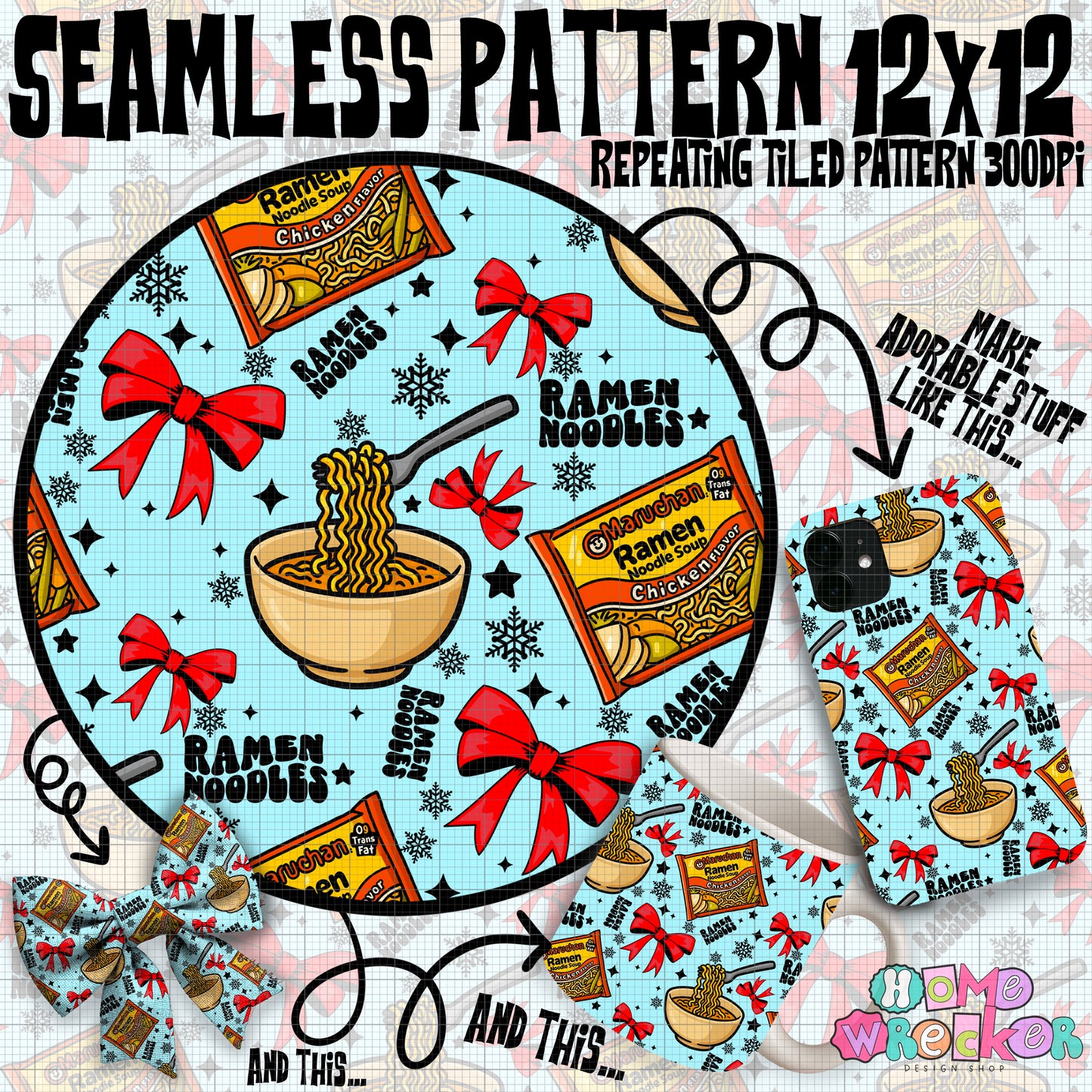 Ramen Noodles Holiday Seamless Repeating Pattern (blue)