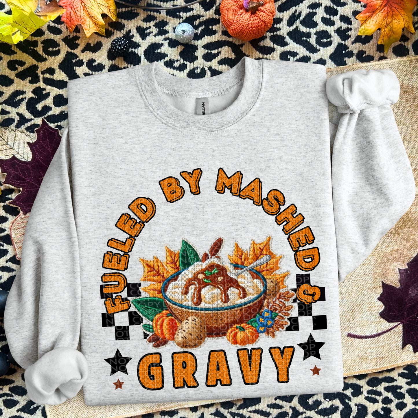 Fueled by Mashed and Gravy | Thanksgiving Faux Embroidery PNG