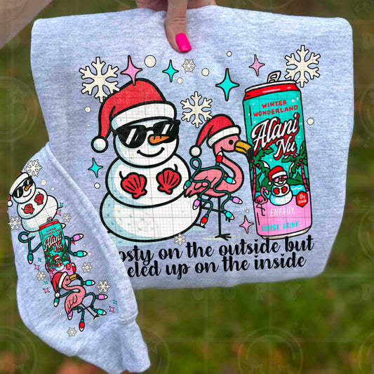 Frosty on the outside fueled up on the inside winter wonderland design with sleeve PNG digital download