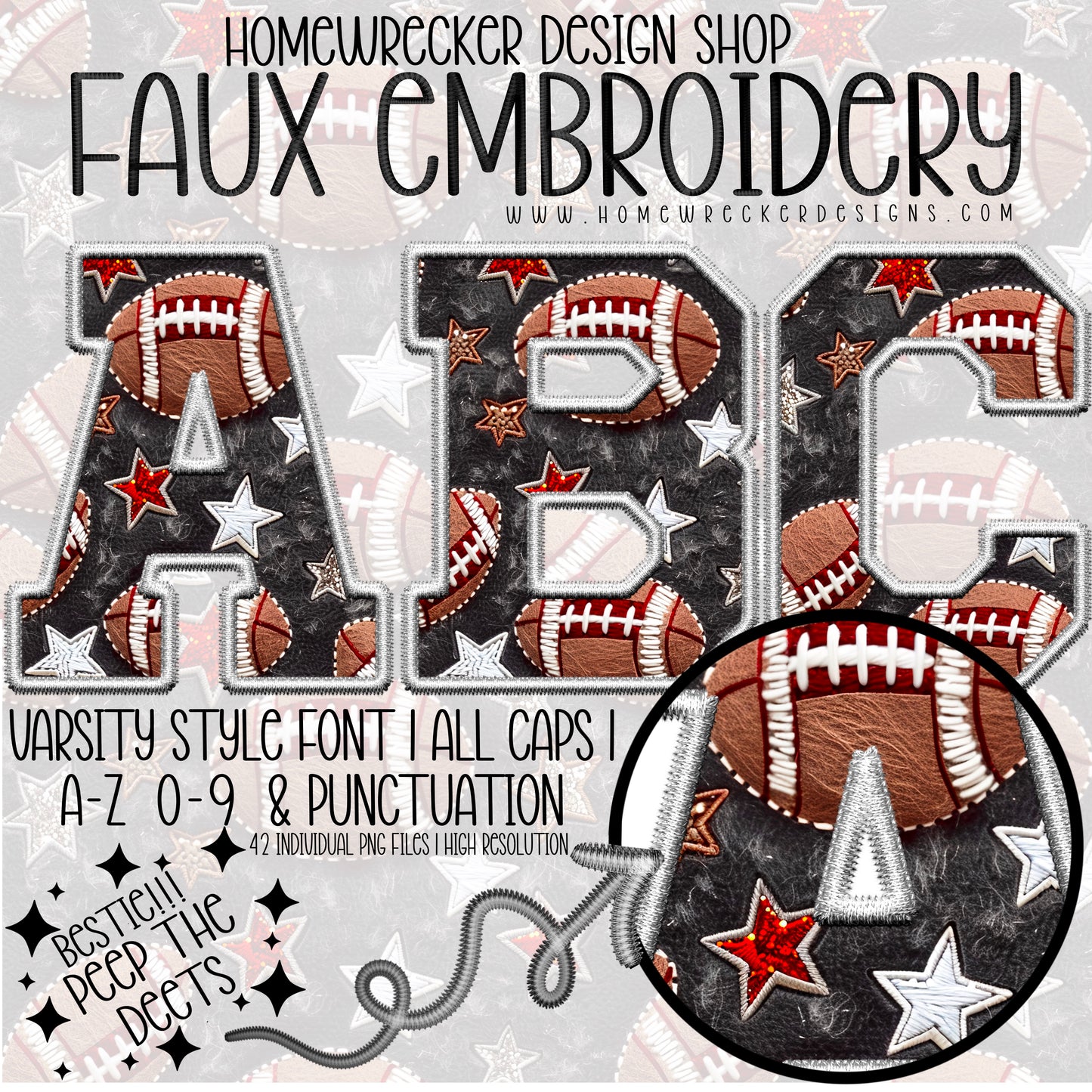 Football Star Faux Embroidery Stitch Digital Alpha Set & OTF Font