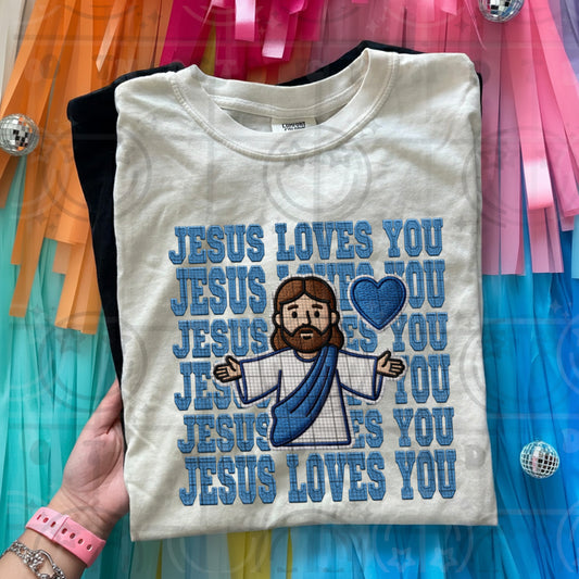 Jesus Loves You Faux Applique Embroidery PNG Faith Shirt Design Christian Jesus Art Digital Download (Copy)
