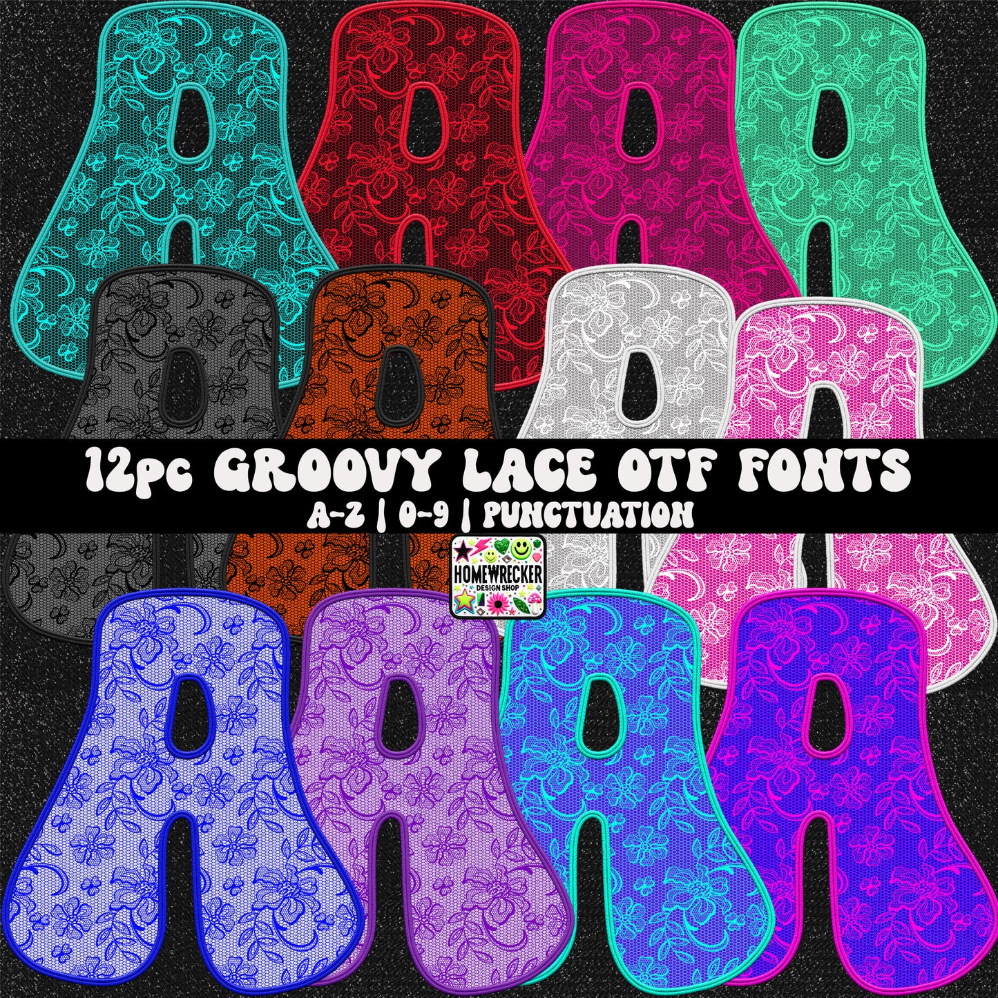 Faux Embroidery Lace Groovy Style | OTF FONT BUNDLE | 12 OTF FONT FILES