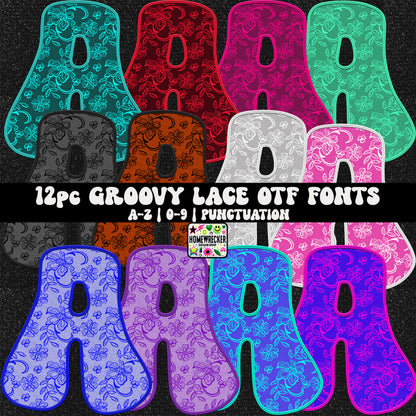 Faux Embroidery Lace Groovy Style | OTF FONT BUNDLE | 12 OTF FONT FILES