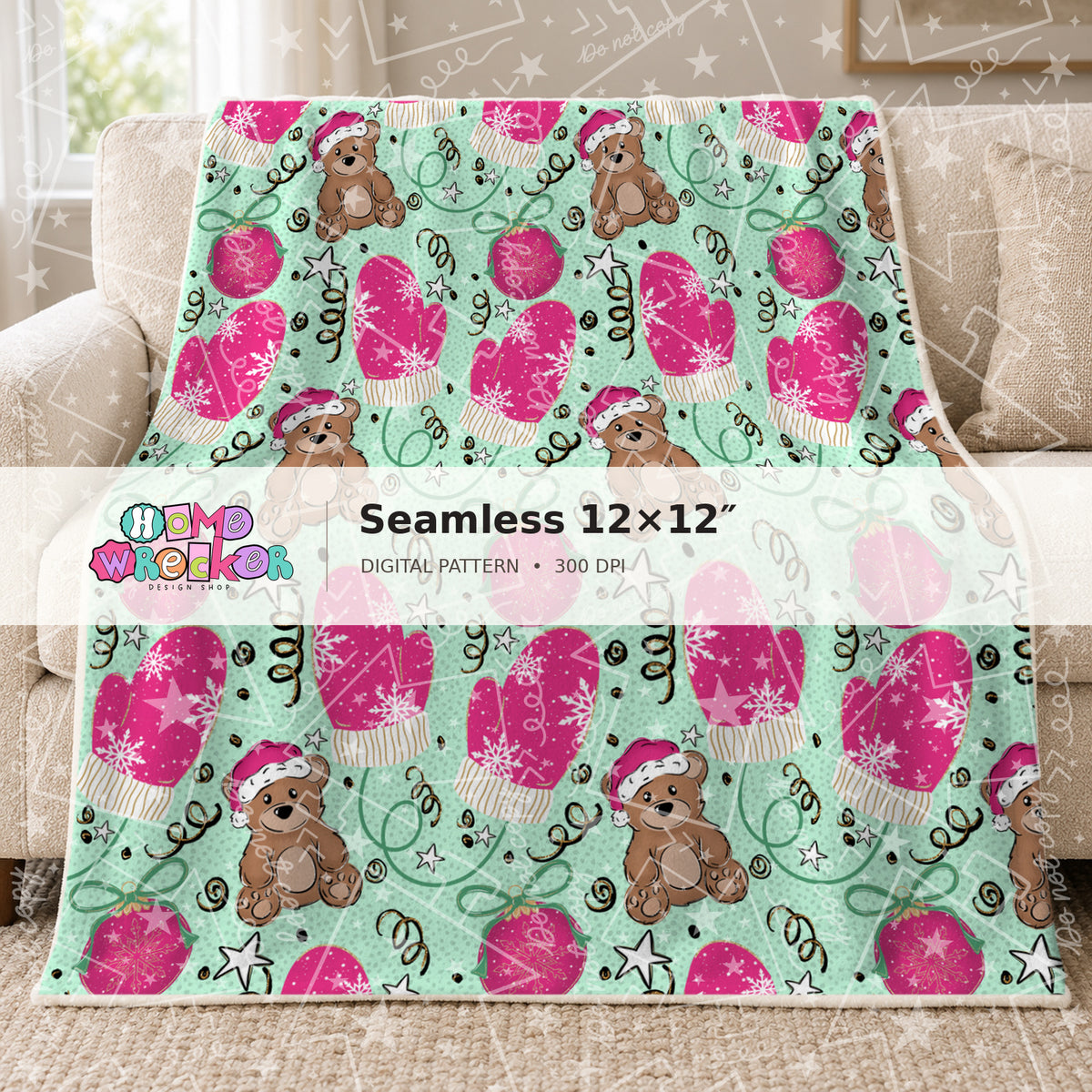 Watermarked preview: Mint Bear Large Repeat Blanket