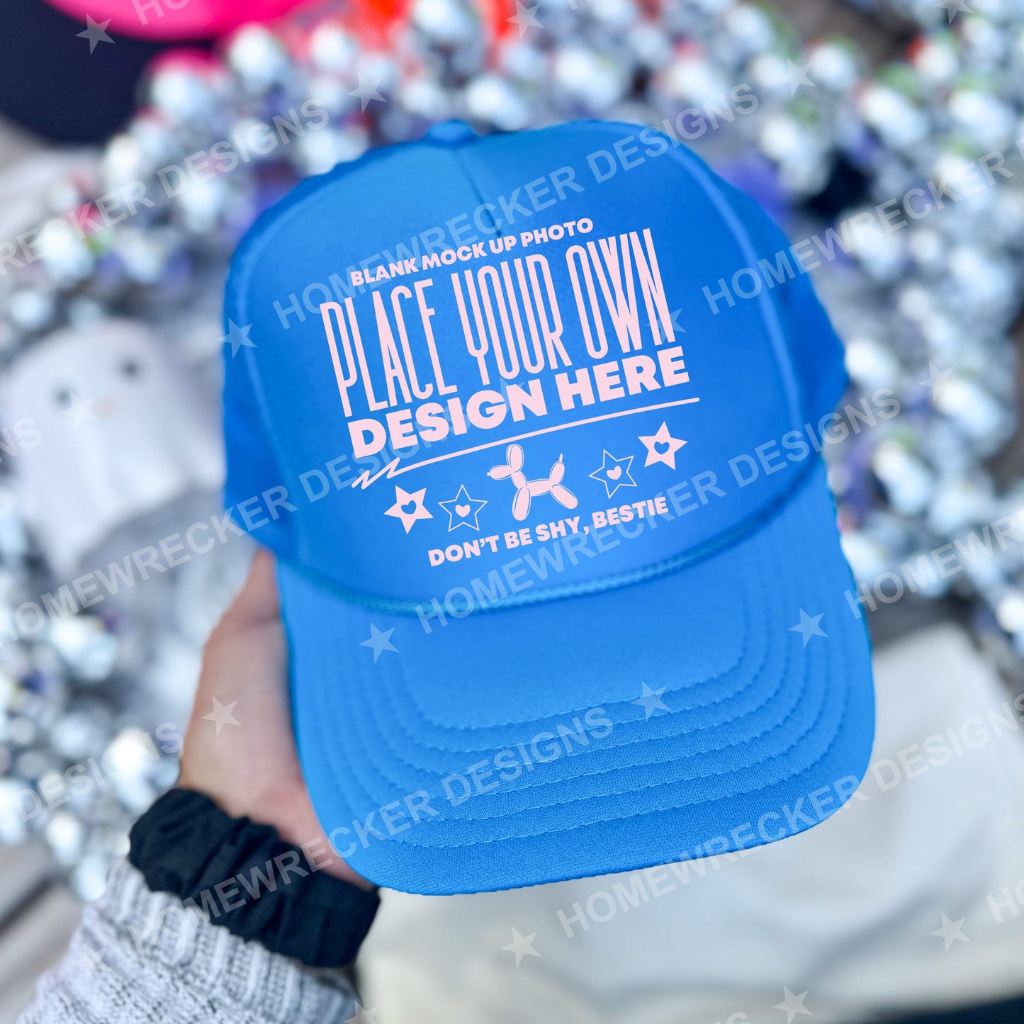 Blank Otto trucker hat in Neon Blue, held mockup photo from Homewrecker Design Shop