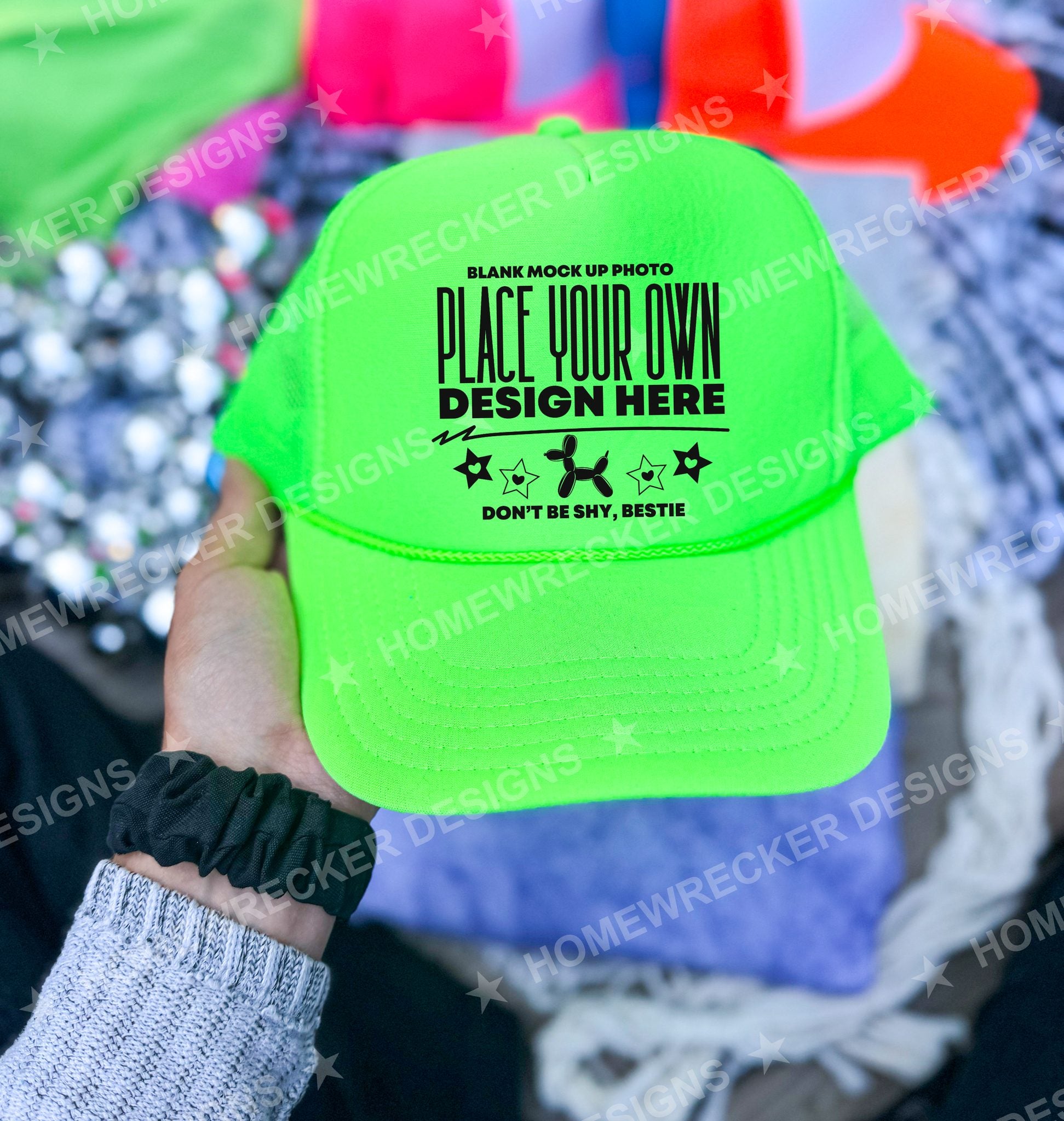 Blank Otto trucker hat in Neon Green, held mockup photo from Homewrecker Design Shop