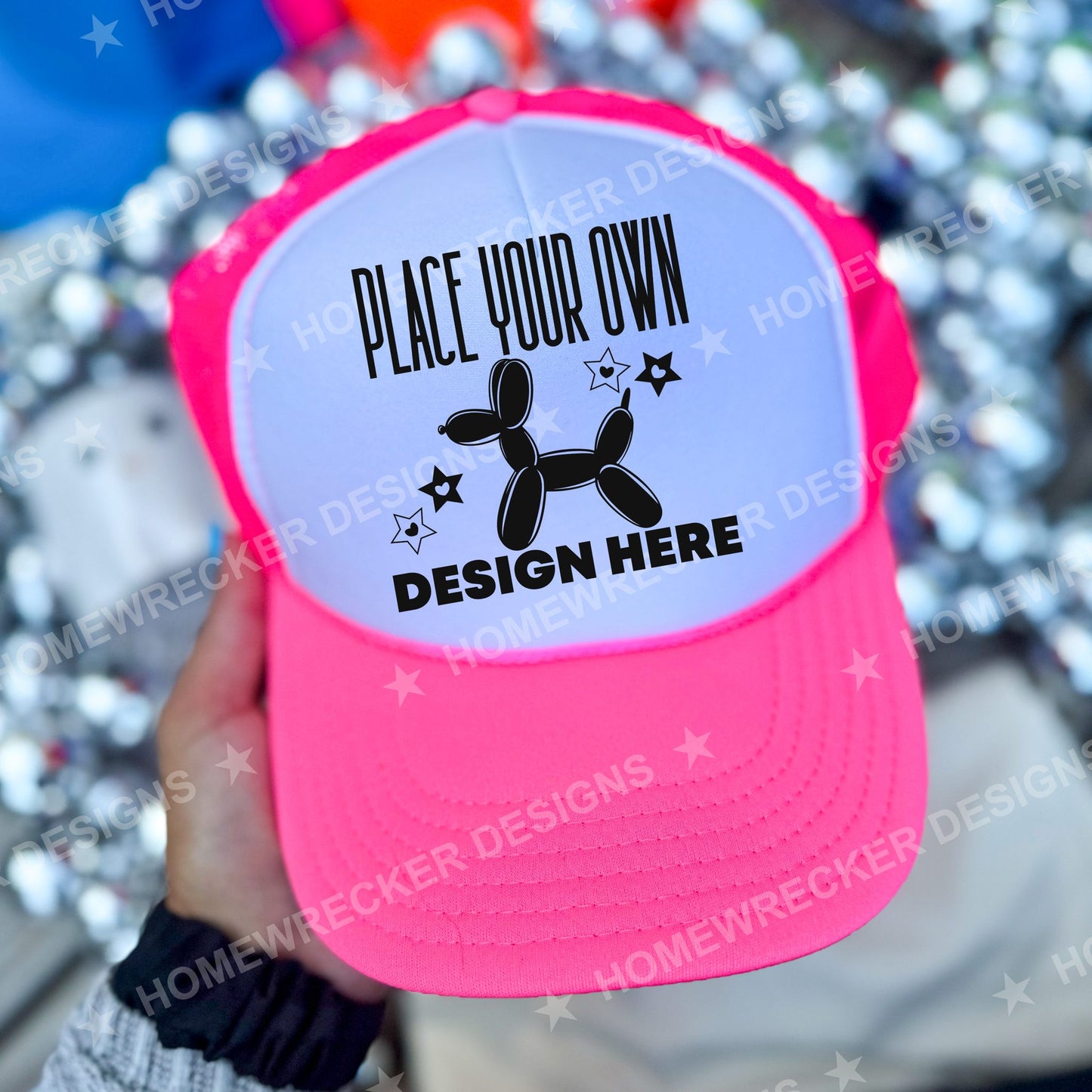 Blank Otto trucker hat in Neon Pink and White, held mockup photo from Homewrecker Design Shop