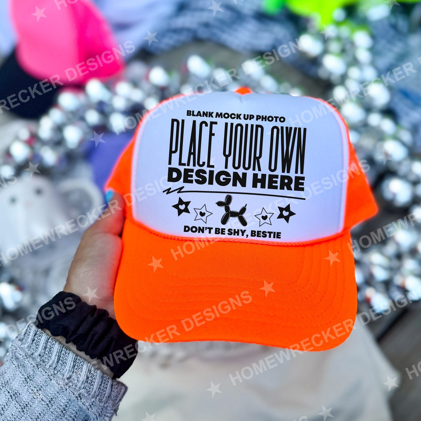 Blank Otto trucker hat in Neon Orange and White, held mockup photo from Homewrecker Design Shop