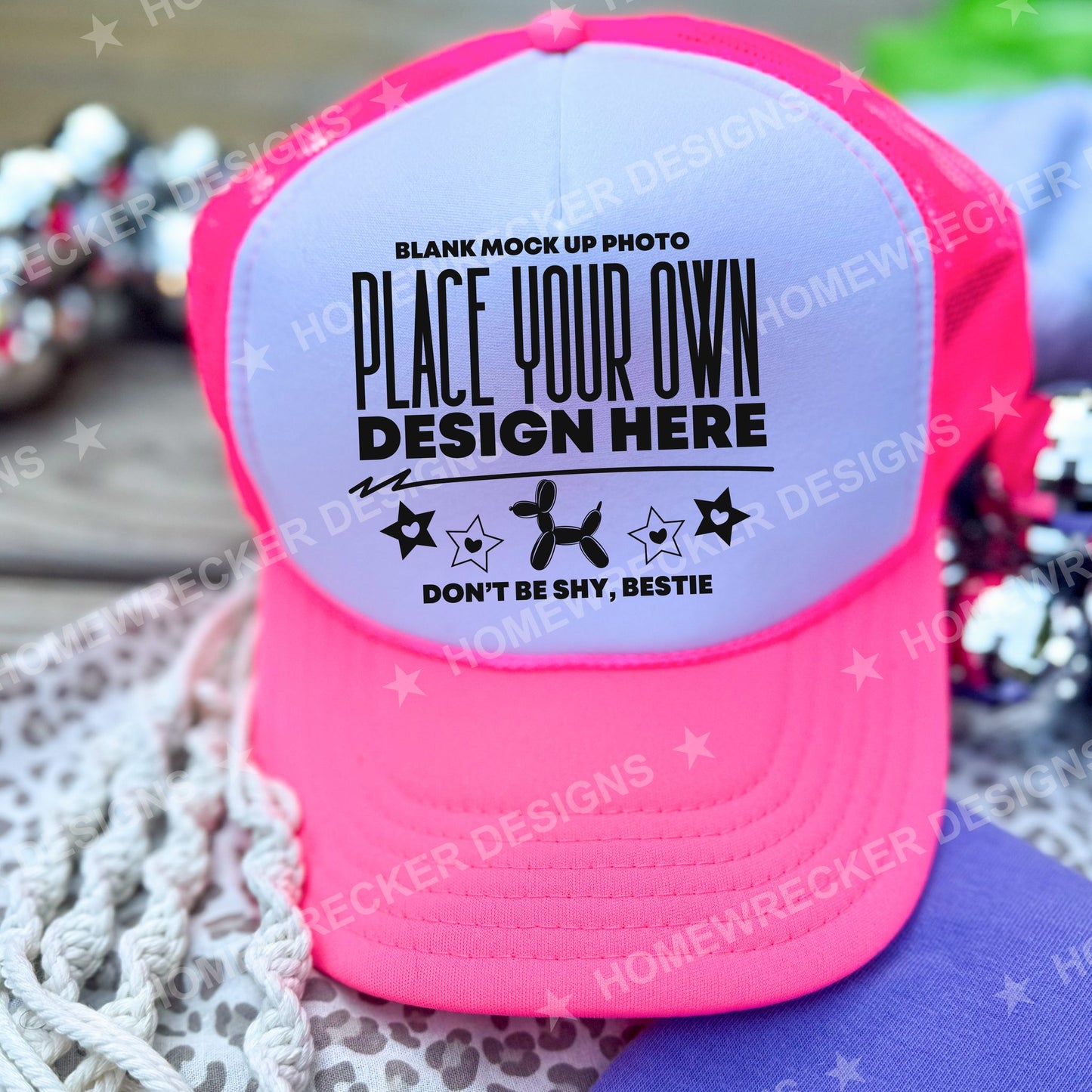 Blank Otto trucker hat in Neon Pink and White, held mockup photo from Homewrecker Design Shop