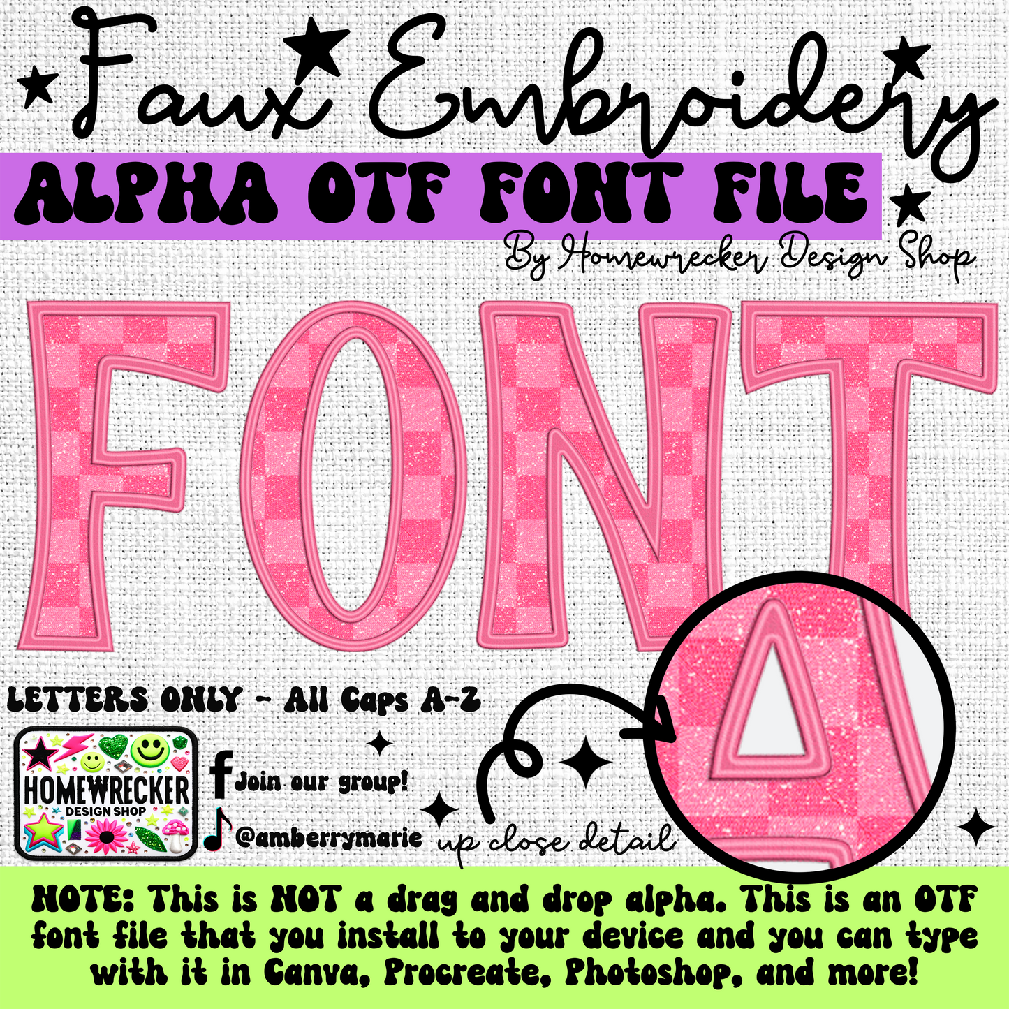 Pink Glitter Checkers OTF Font, Faux Embroidery, OTF Font Clipart Make your own designs Digital Download