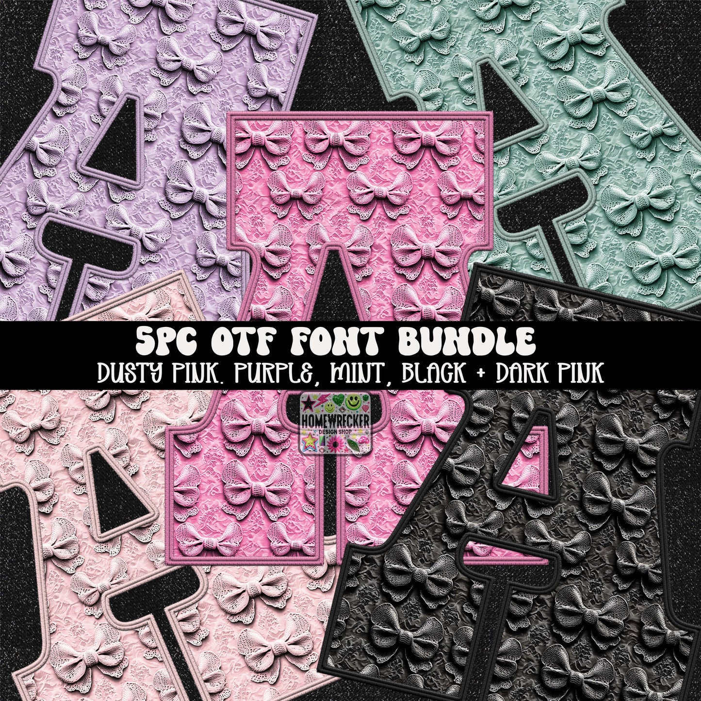 Faux Embroidery/Bow Block Letter Style | OTF FONT BUNDLE | 5 OTF FONT FILES