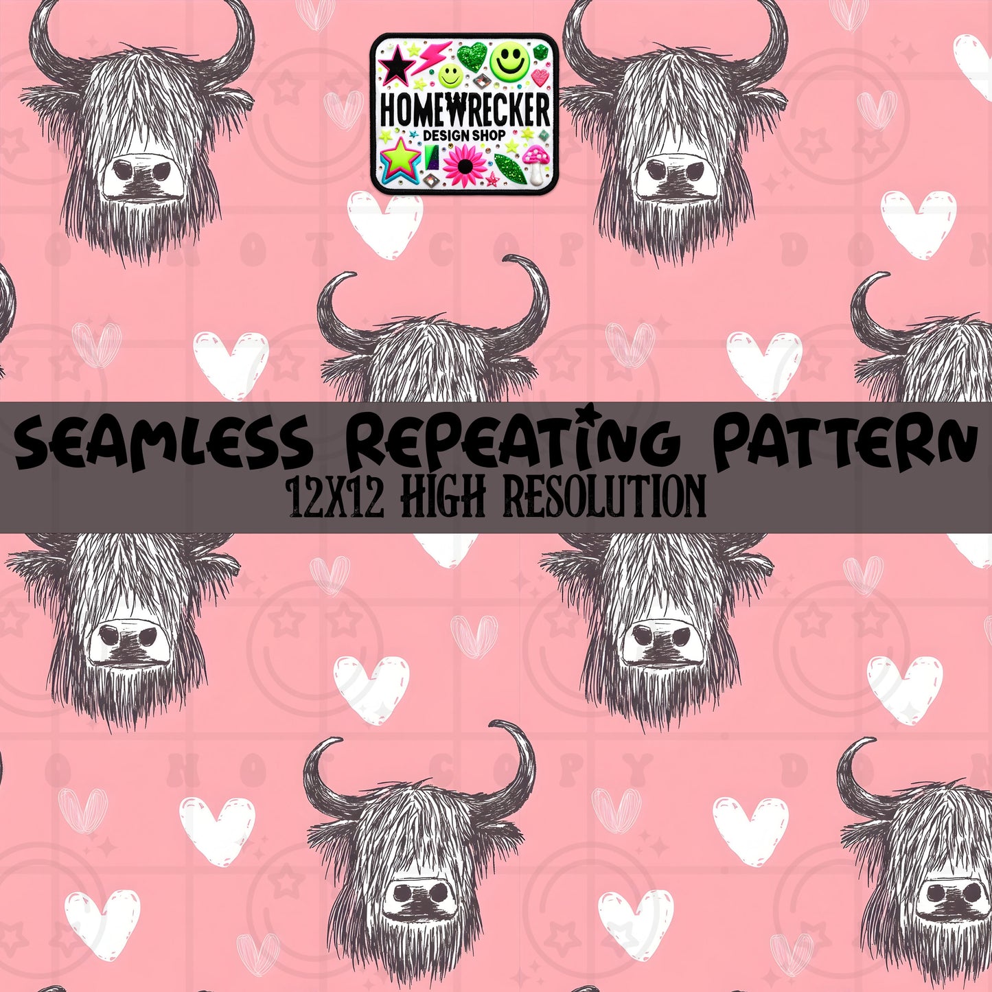 Pink Highland Cow Head Hearts Vday Seamless Pattern 12x12
