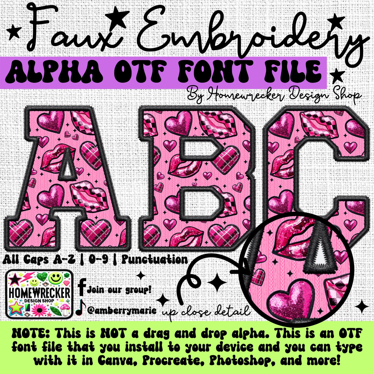 PINK Vday Lips OTF Font, Faux Embroidery, Varsity Letter Style OTF Font Clipart Make your own designs Digital Download