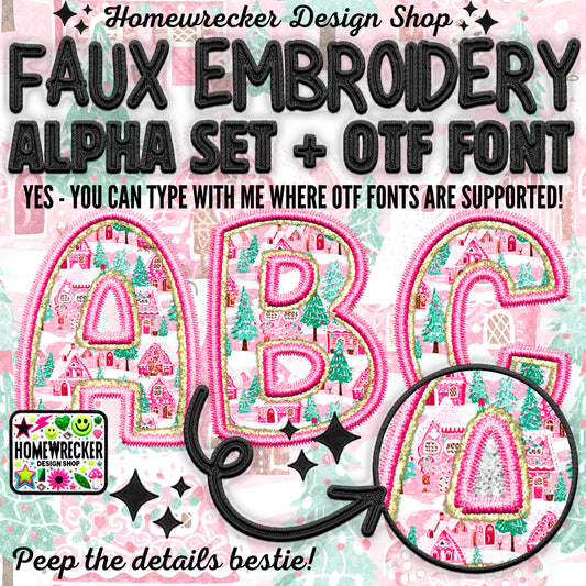 Preppy Pink Xmas Gold Foil Accent Alpha Set + OTF Font | Faux Embroidery Alpha