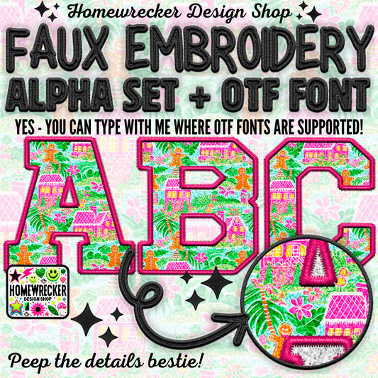 Preppy Christmas Gingerbread Alpha Set + OTF Font | Faux Embroidery Alpha