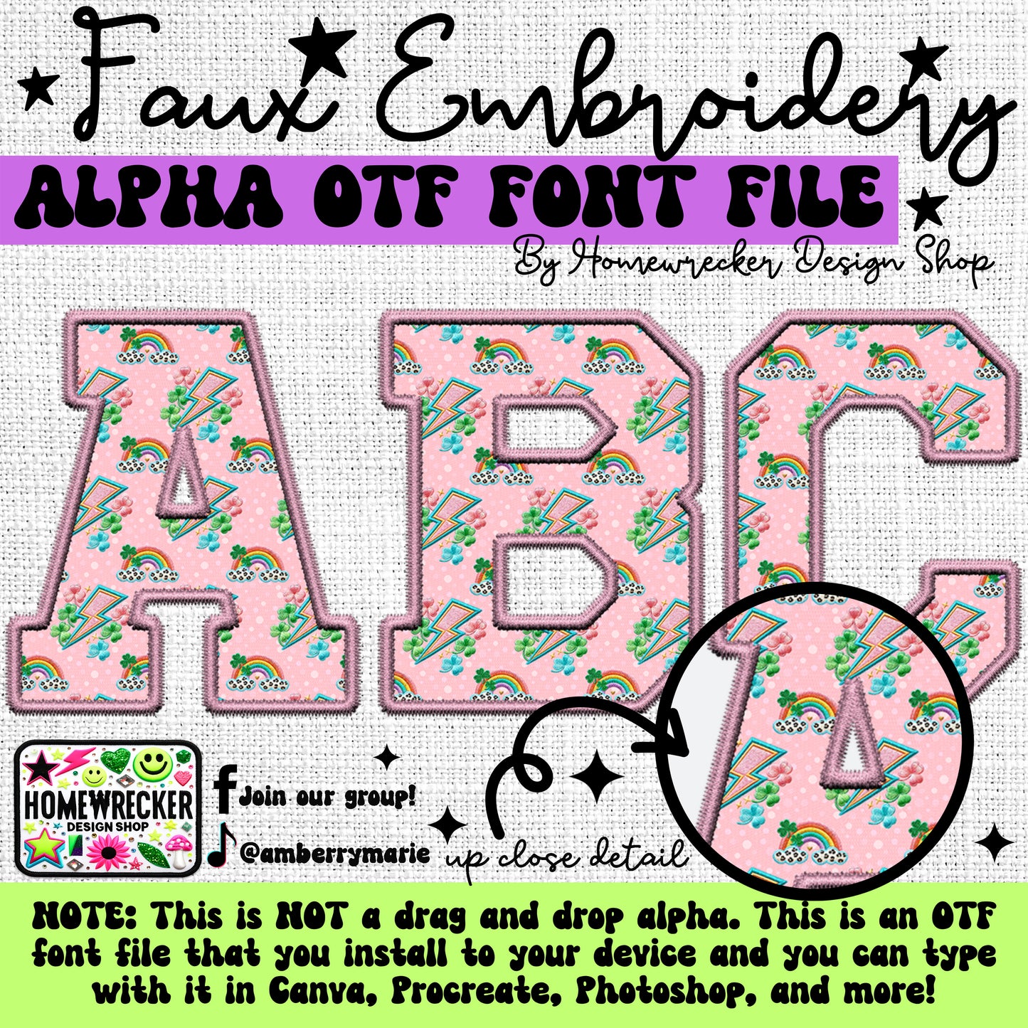 Pastel St. Patrick's Day Faux Embroidery 13 CLIPART + 5pc OTF FONT Bundle