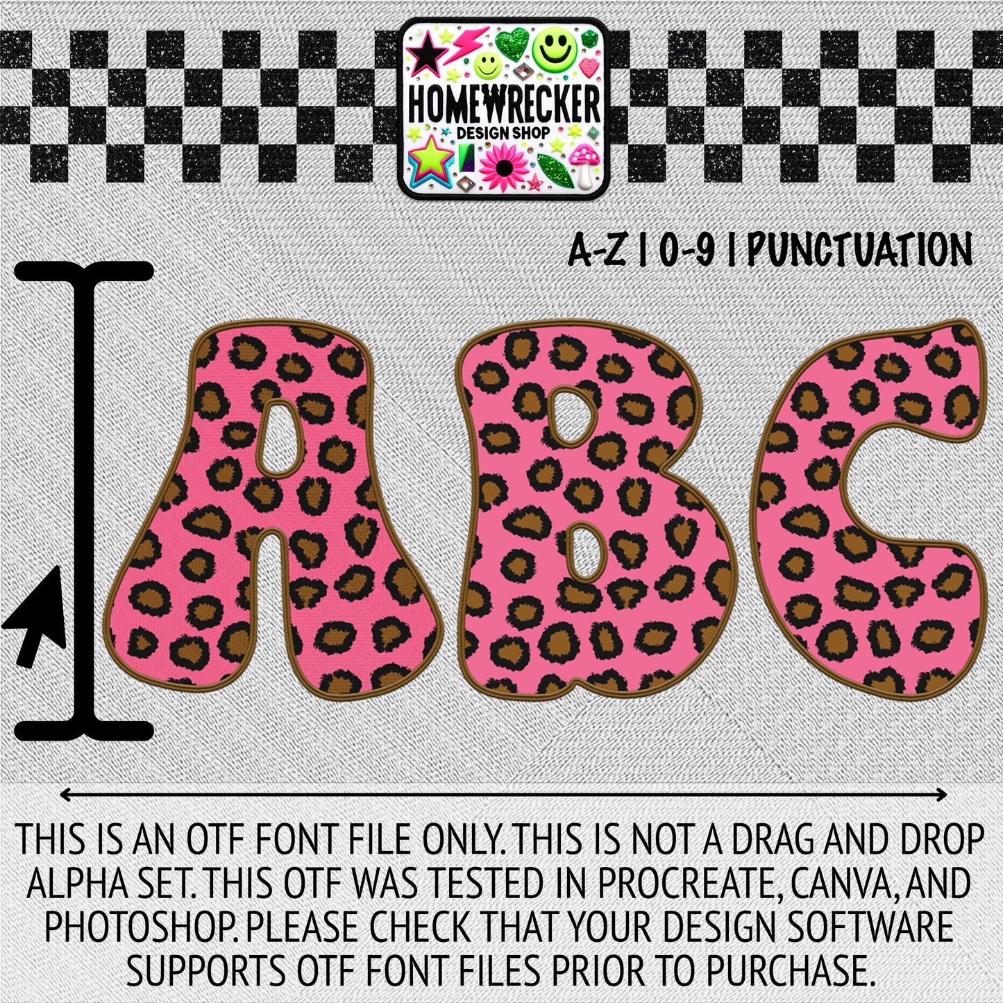 Pink Brown Leopard OTF Font, Faux Embroidery, Groovy Letter Style OTF Font Clipart Make your own designs Digital Download