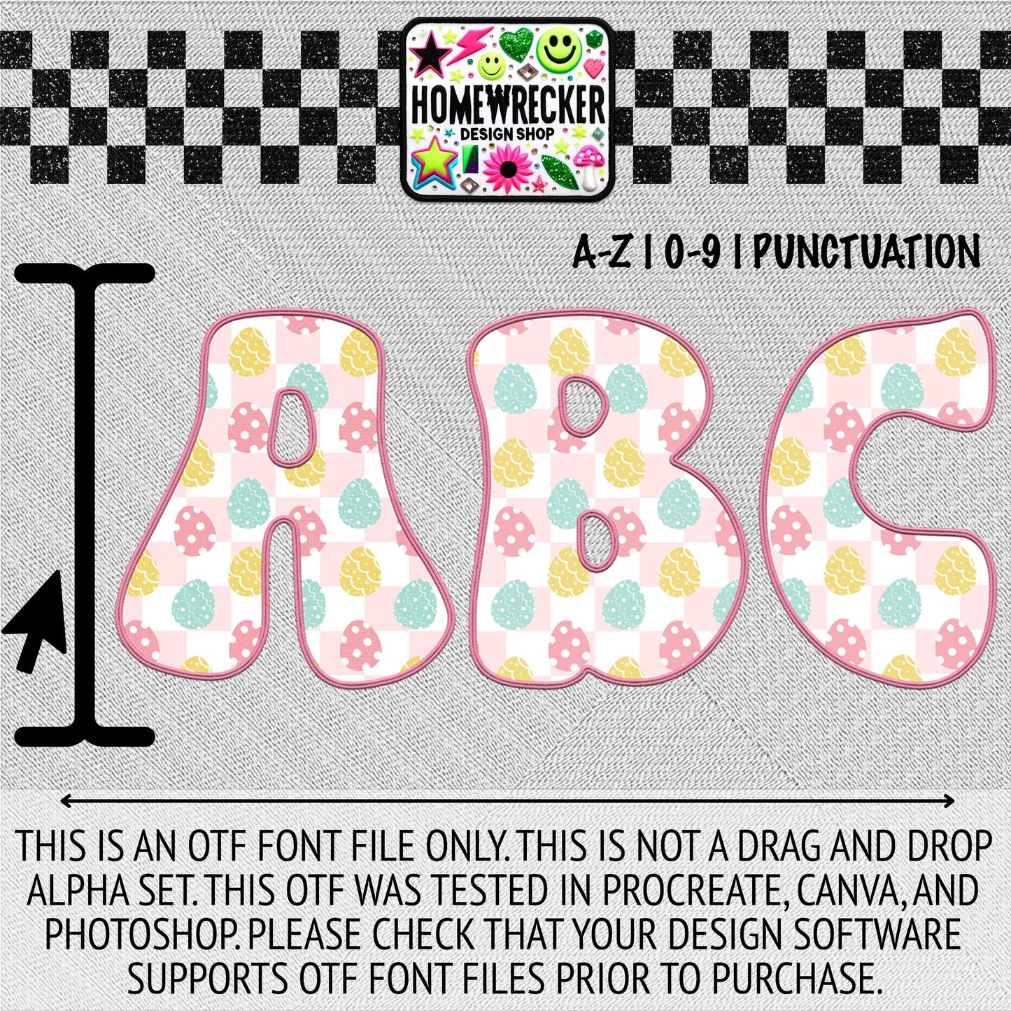 Pink Checker Egg OTF Font, Faux Embroidery, Groovy Letter Style OTF Font Clipart Make your own designs Digital Download