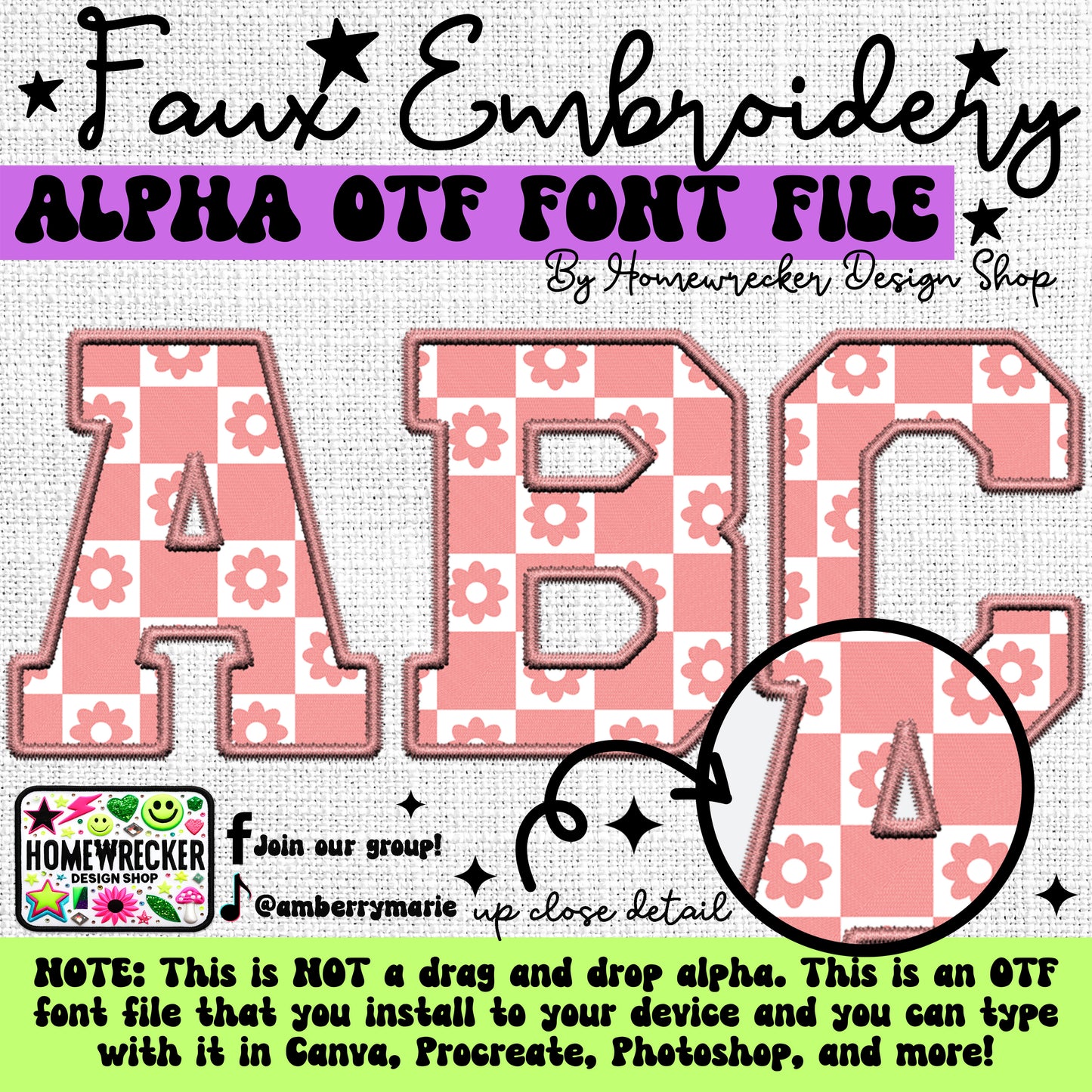 Pink Checkered with Flowers OTF Font, Faux Embroidery, Varsity Letter Style OTF Font Clipart Make your own designs Digital Download