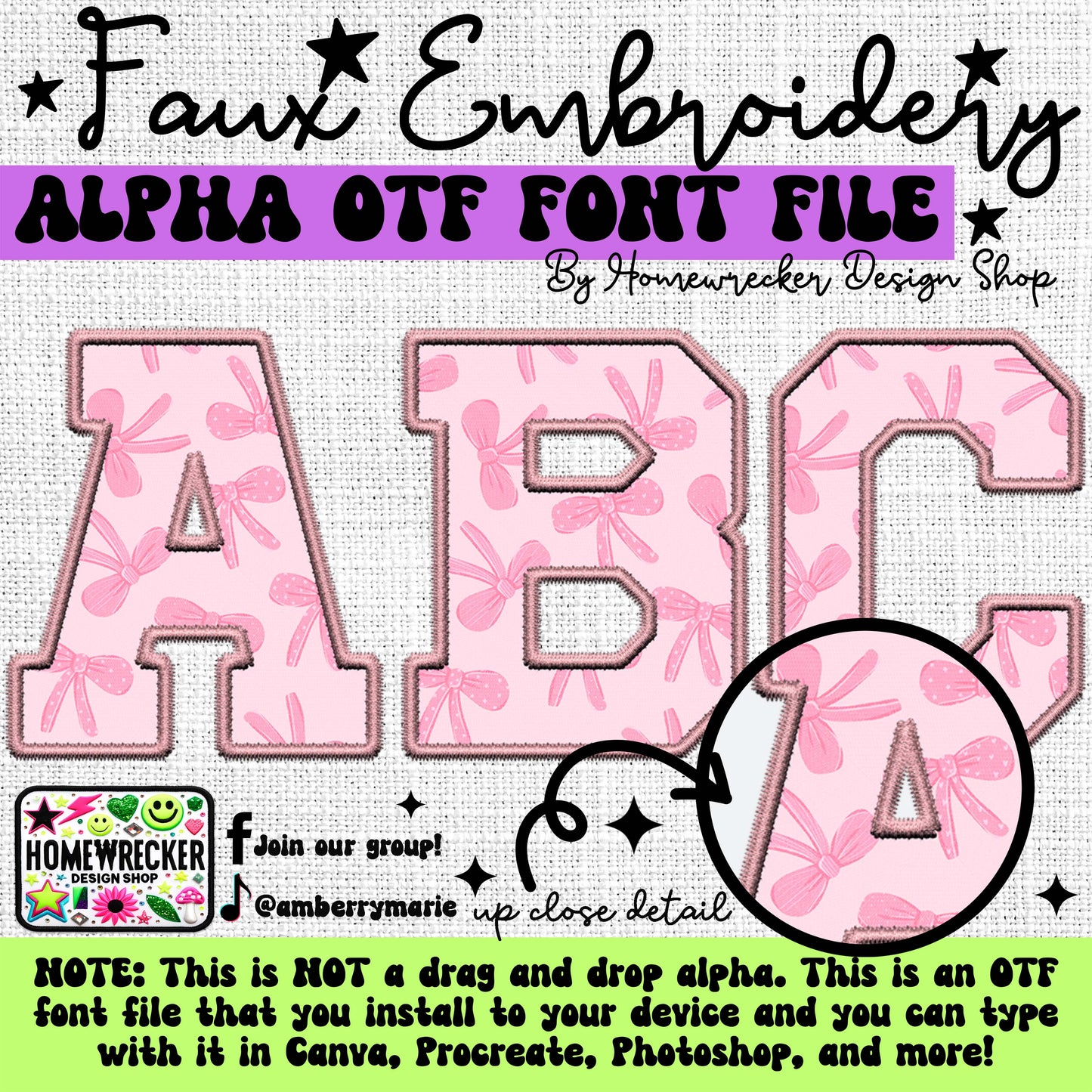 Pink Coquette OTF Font, Faux Embroidery, Varsity Letter Style OTF Font Clipart Make your own designs Digital Download