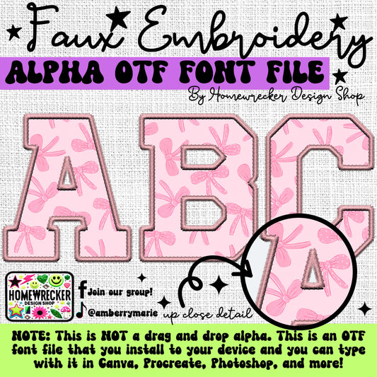 Pink Coquette OTF Font, Faux Embroidery, Varsity Letter Style OTF Font Clipart Make your own designs Digital Download