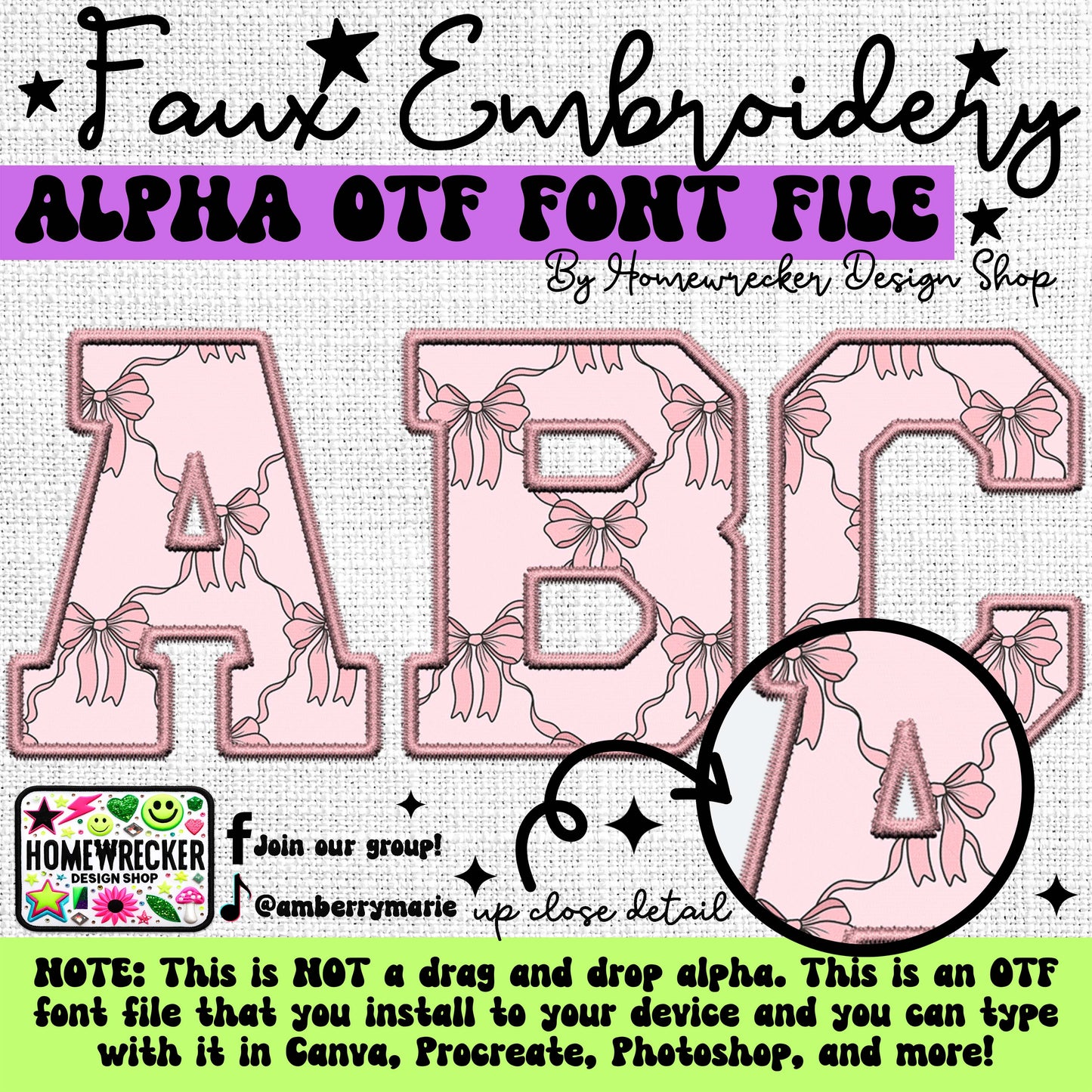 Pink Coquette Pattern OTF Font, Faux Embroidery, Varsity Letter Style OTF Font Clipart Make your own designs Digital Download