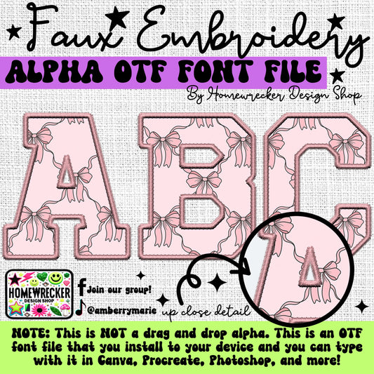 Pink Coquette Pattern OTF Font, Faux Embroidery, Varsity Letter Style OTF Font Clipart Make your own designs Digital Download