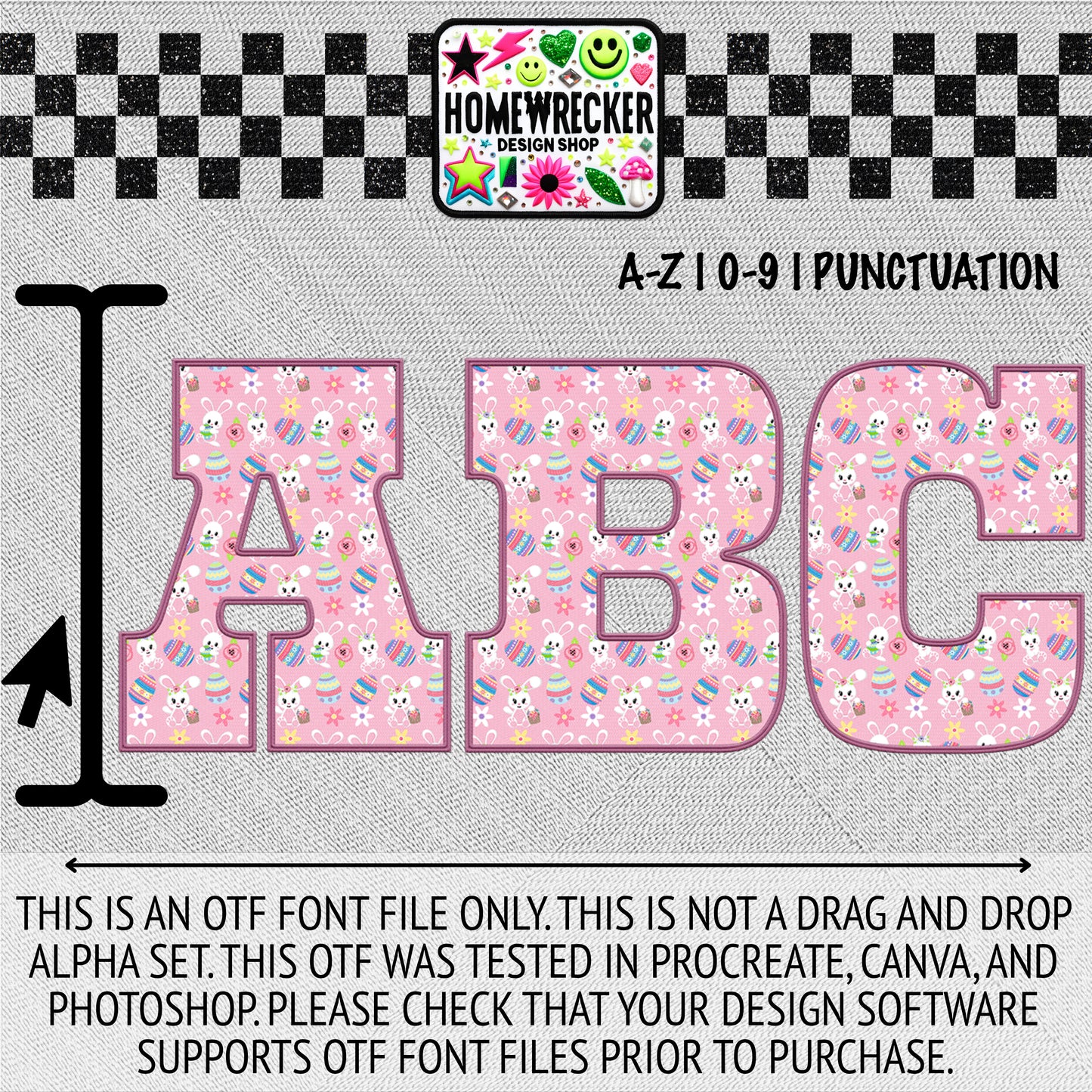 Pink Easter Bunny OTF Font, Faux Embroidery, Block Letter Style OTF Font Clipart Make your own designs Digital Download