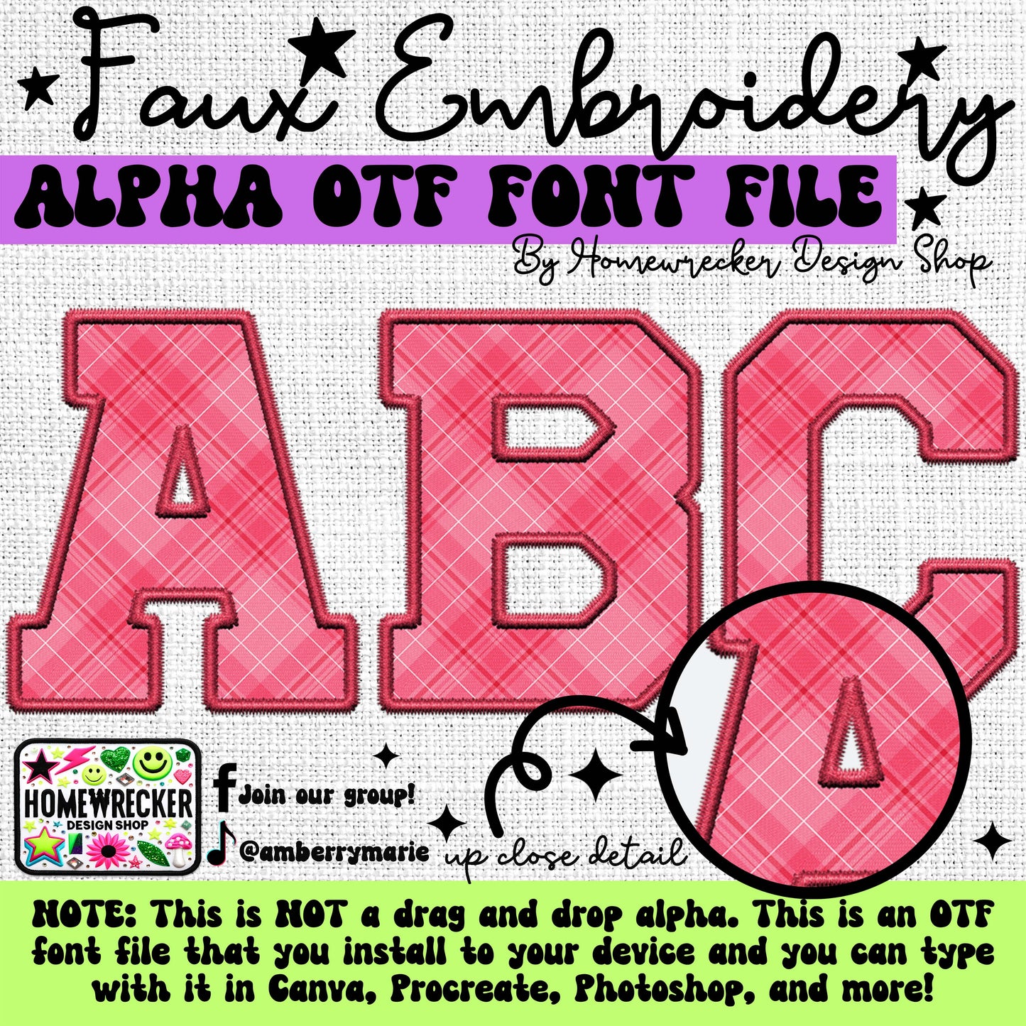 Pink Plaid OTF Font, Faux Embroidery, Varsity Letter Style OTF Font Clipart Make your own designs Digital Download