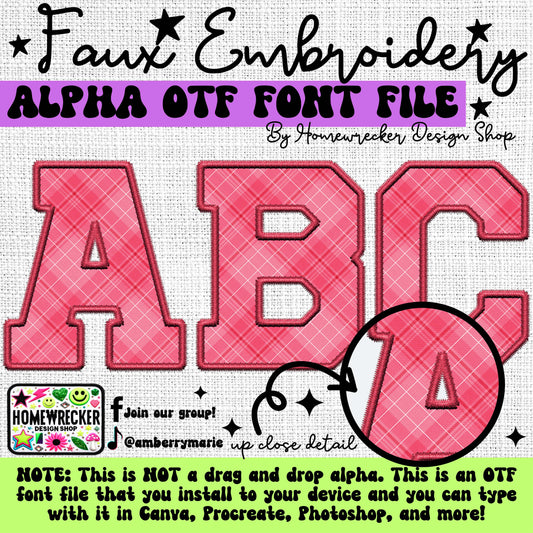 Pink Plaid OTF Font, Faux Embroidery, Varsity Letter Style OTF Font Clipart Make your own designs Digital Download