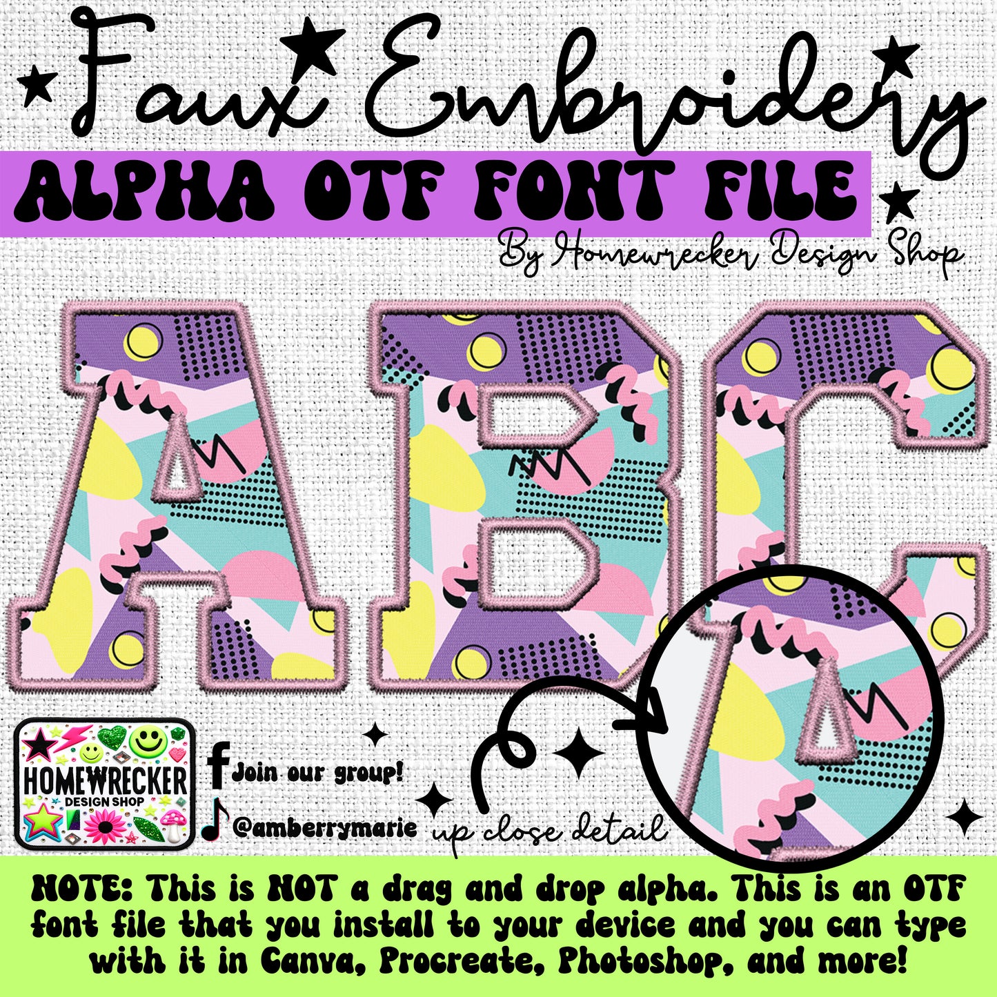 Pink Purple 90s OTF Font, Faux Embroidery, Varsity Letter Style OTF Font Clipart Make your own designs Digital Download