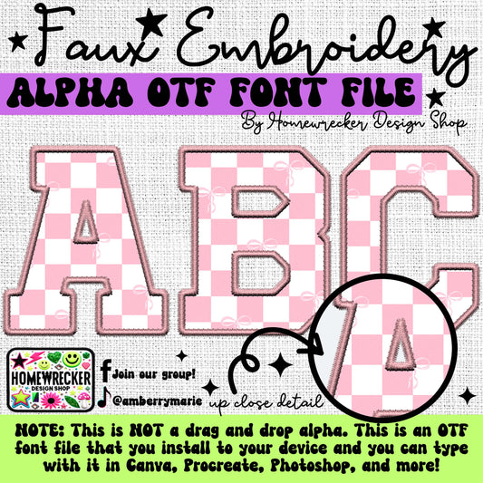 Pink and White Checkered OTF Font, Faux Embroidery, Varsity Letter Style OTF Font Clipart Make your own designs Digital Download