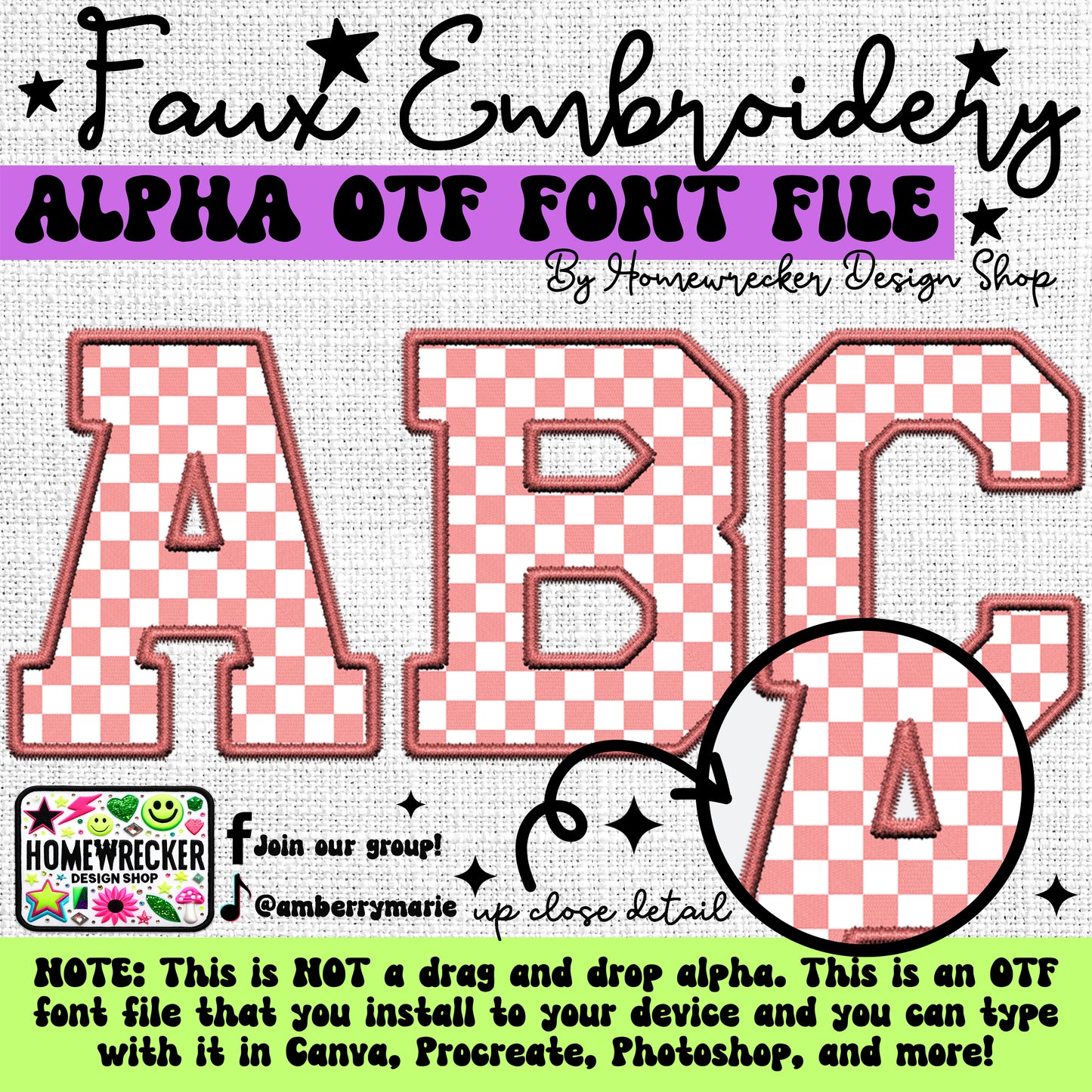 Pink and White Checker OTF Font, Faux Embroidery, Varsity Letter Style OTF Font Clipart Make your own designs Digital Download